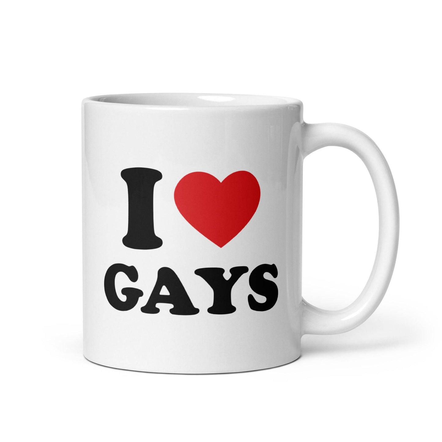 A white "I Love Gays Mug" from Pridelity's top pride collections 2025, showcasing the text "I ♥ GAYS" with the word "love" symbolized by a vibrant red heart.