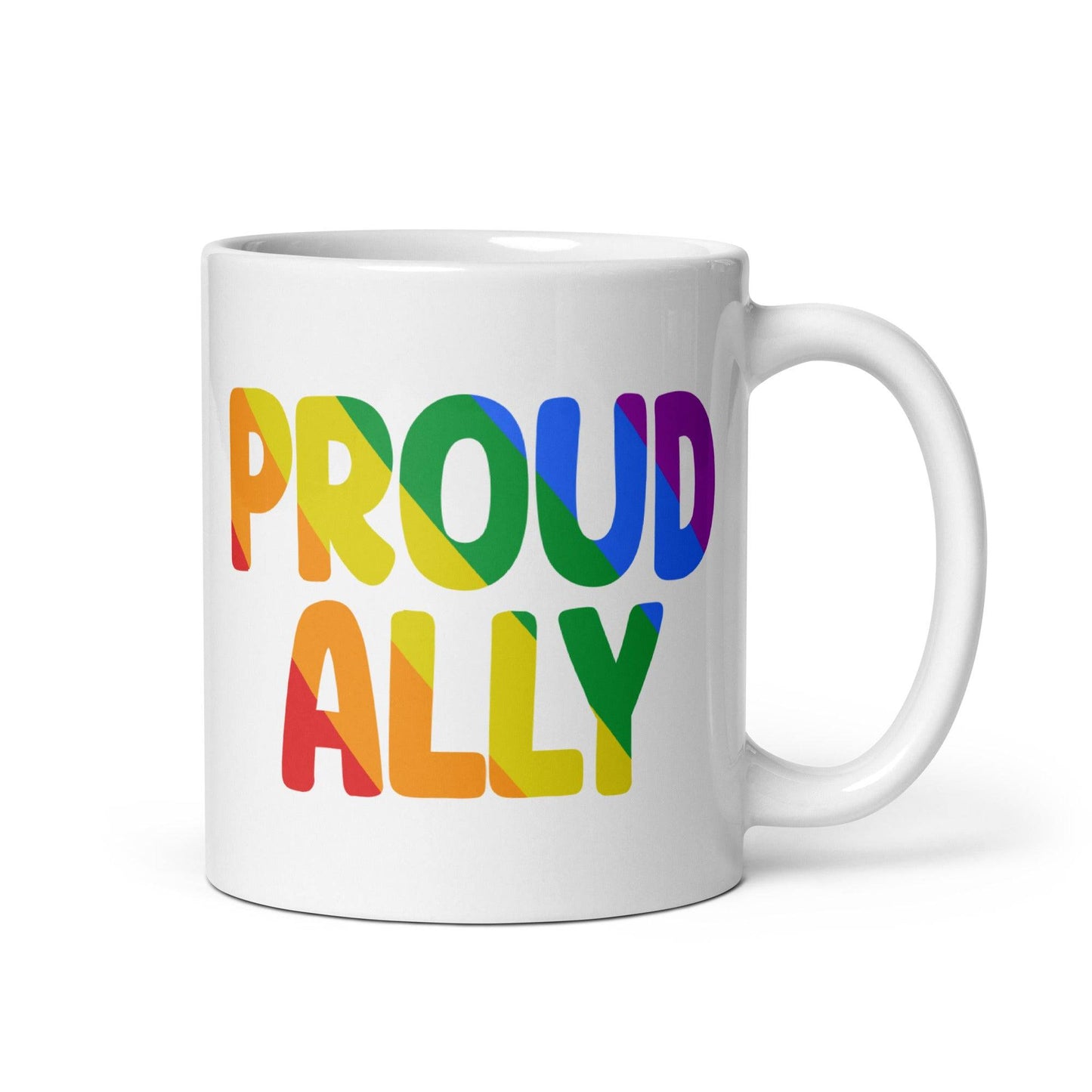A white mug from Pridelity's Pride Collections 2025, titled "Proud Ally Mug," showcases the words "Proud Ally" in bold, rainbow-colored letters.