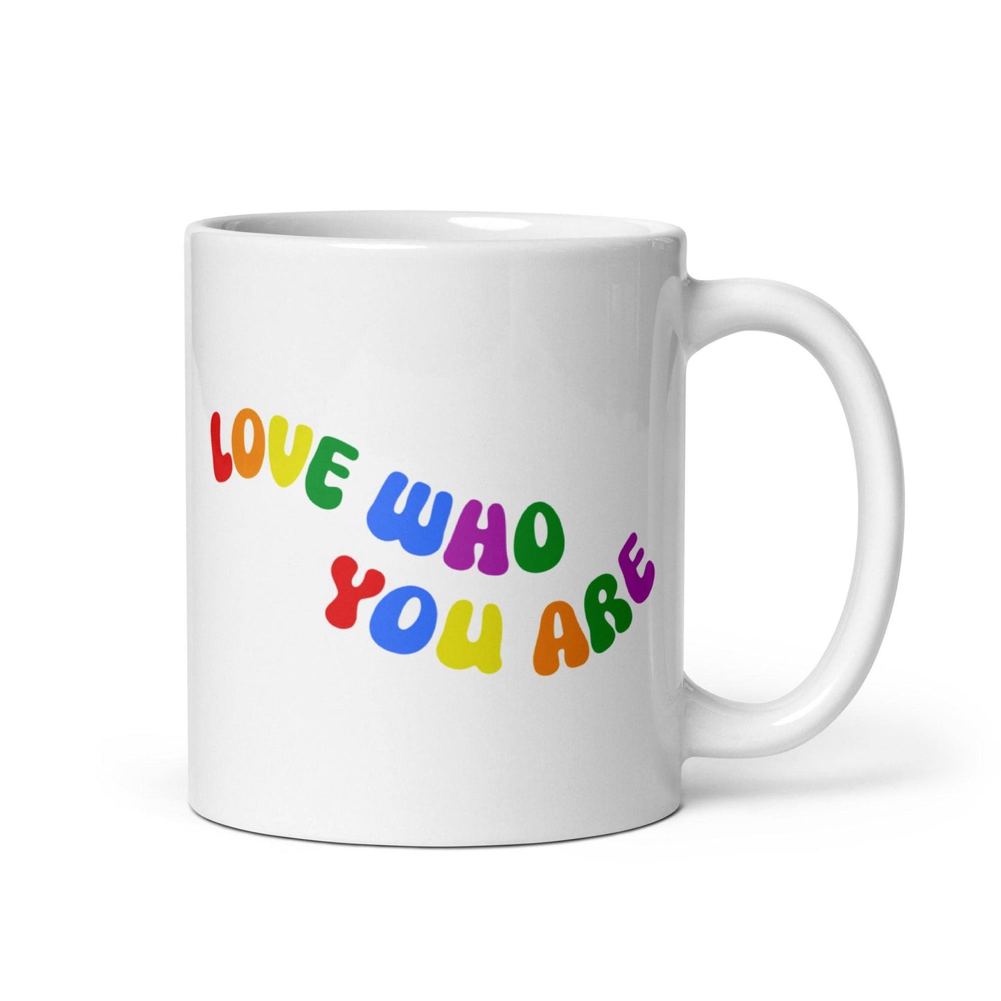 The Love Who You Are Mug by Pridelity is a white mug featuring vibrant letters spelling "LOVE WHO YOU ARE" on its side. It has a smooth handle and a simple background, and is part of the Pride Collections 2025, celebrating uniqueness and self-love.