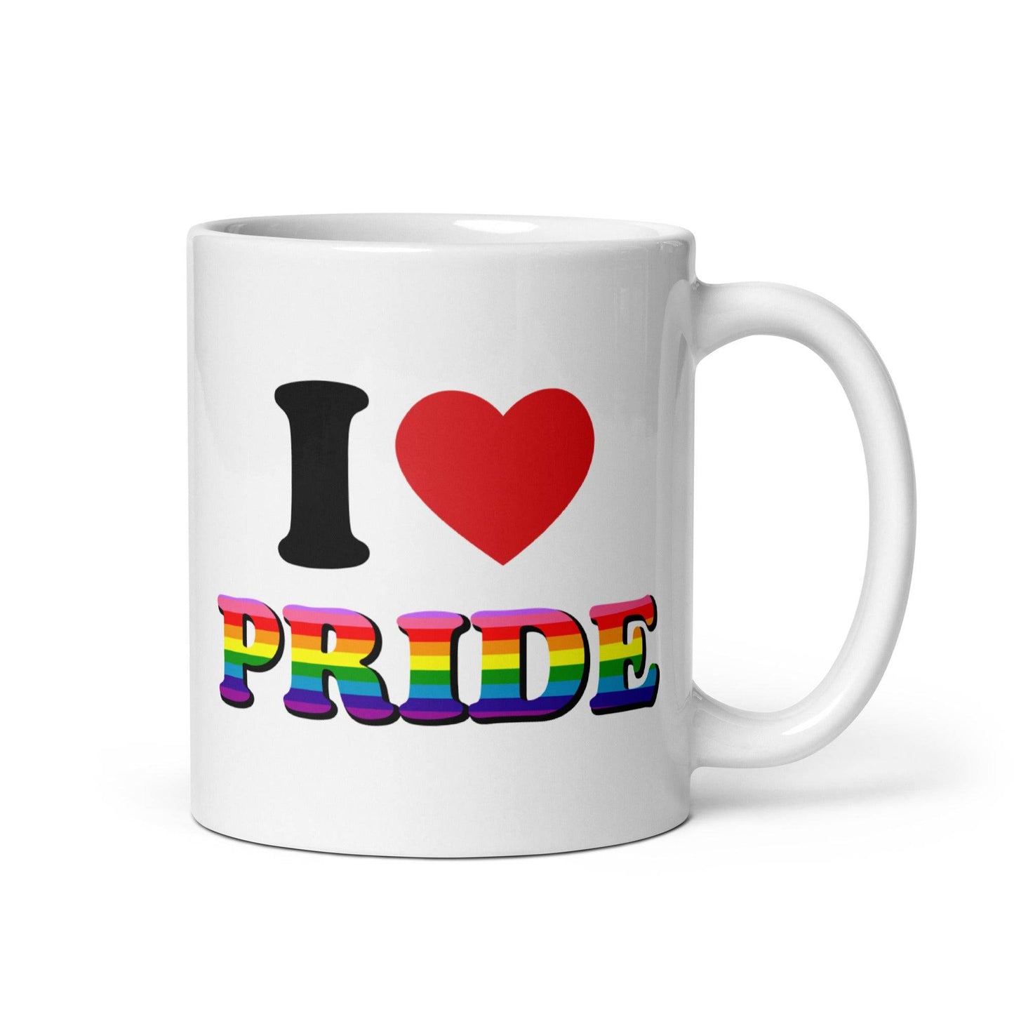 The "I Love Pride Mug" from Pridelity is a white mug featuring the words "I ♥ PRIDE," with "PRIDE" in bold, rainbow hues, representing LGBTQ+ pride. It is a highlight of the best pride collections for 2025, honoring love and diversity.