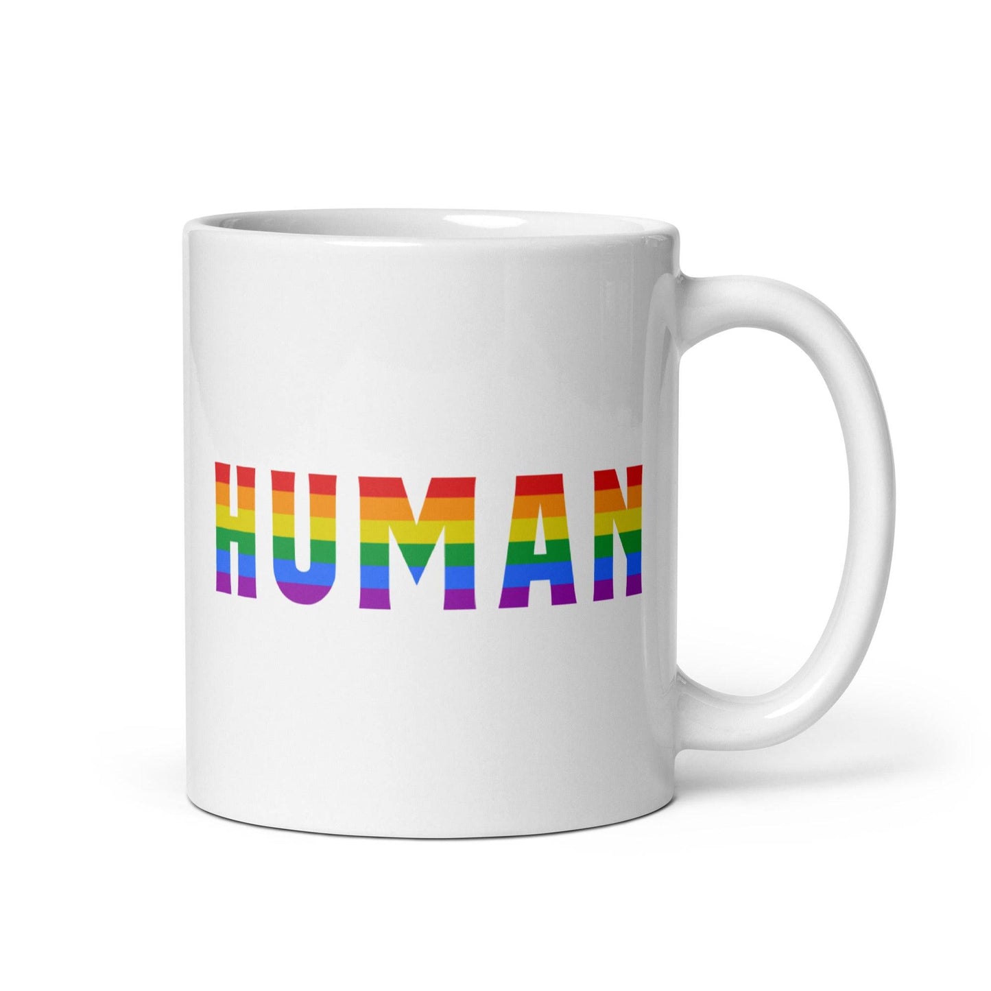 Introducing the Pridelity Human Mug, proudly featured in the best pride collections 2025, with "HUMAN" boldly displayed in a stunning rainbow gradient.