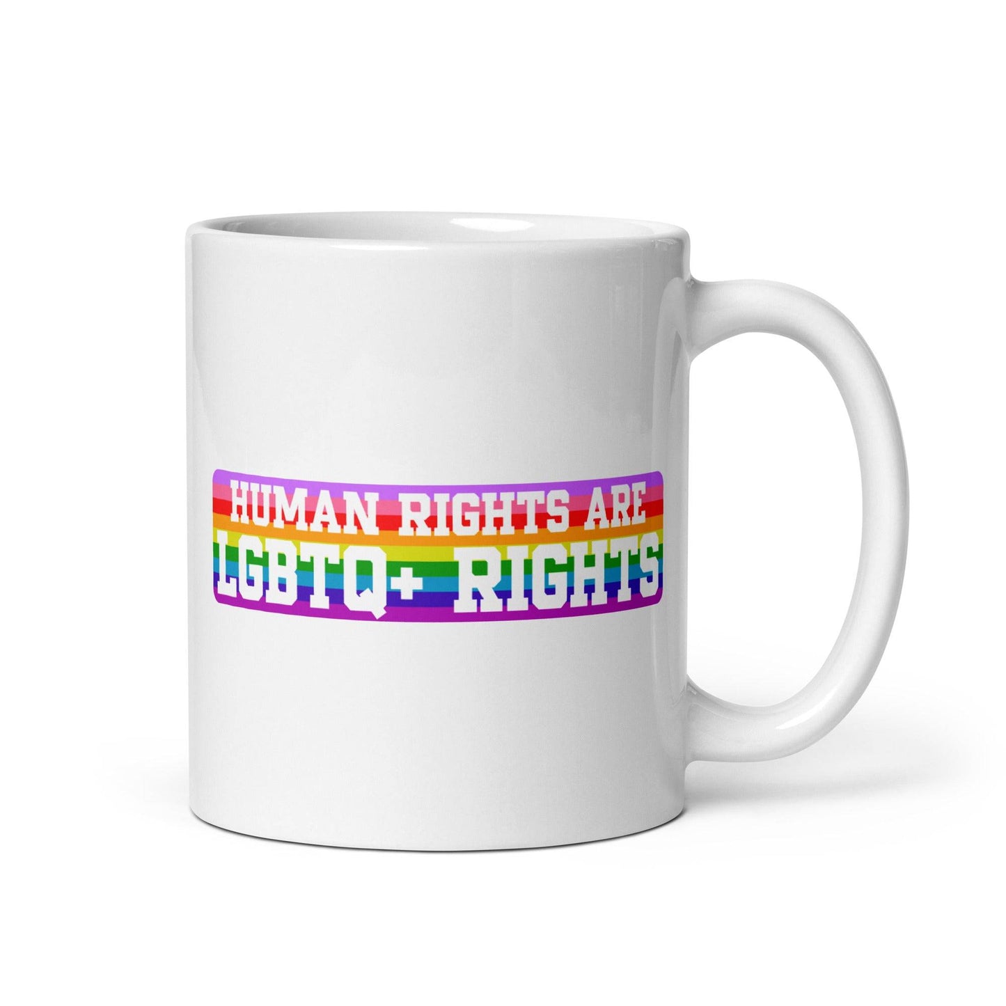 Pridelity's LGBTQ+ Rights Mug, featuring a vibrant rainbow design and the phrase "Human Rights Are LGBTQ+ Rights," is included in our Pride Collections 2025.