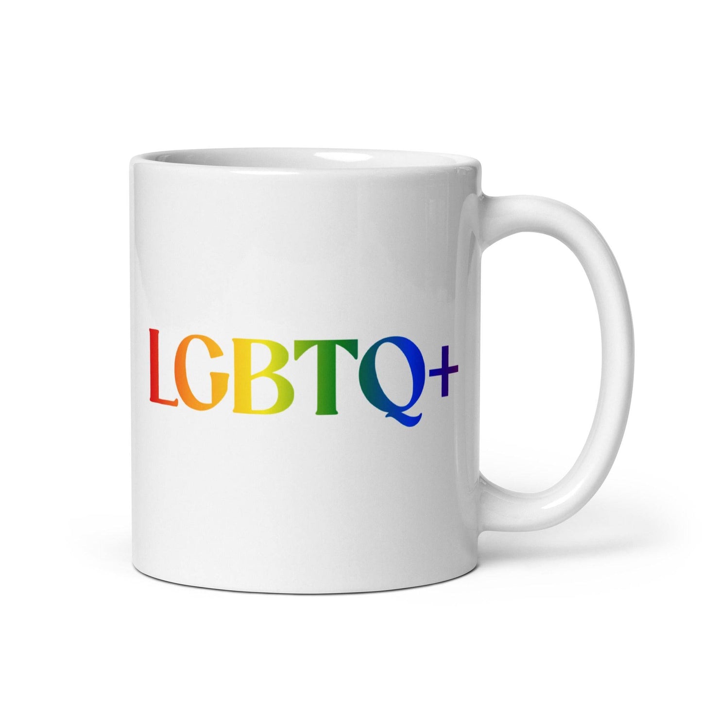 The LGBTQ+ Mug from Pridelity's 2025 Pride Collection features the letters "LGBTQ+" in vibrant rainbow colors, symbolizing diversity and inclusion. The bold typography contrasts against the simple white background, celebrating pride and equality for all.