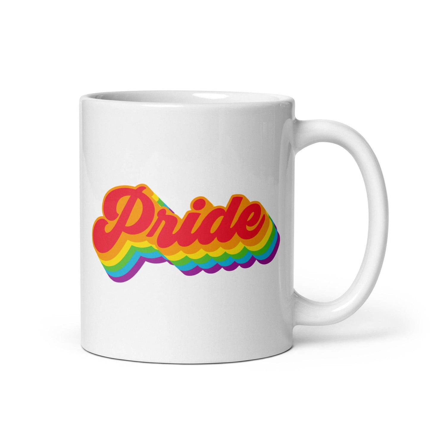 From Pridelity's Pride Collections 2025 series, the Pride Mug is a white mug decorated with the word "Pride" in bold, colorful rainbow letters and a striking 3D effect.
