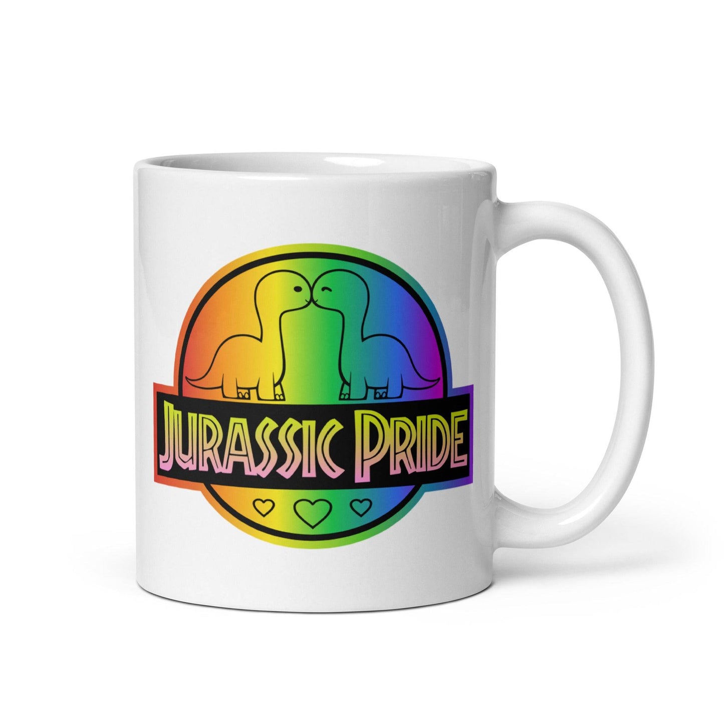 Pridelity's Jurassic Pride Mug features a bright, rainbow-colored circular logo with two dinosaurs facing each other above the words "Jurassic Pride." It's celebrated as one of the top pride collections for 2025, and three small hearts beneath add a lovely touch of unity and love.