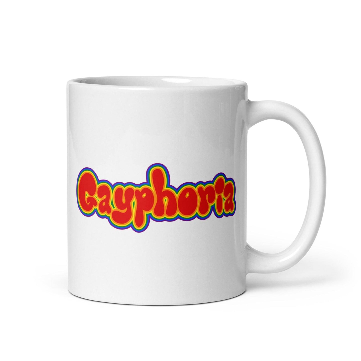 Introducing the Gayphoria Mug by Pridelity—a white mug adorned with vibrant, bold lettering that spells out "Gayphoria" in a playful, retro style, making it a standout piece in the best pride collections of 2025.