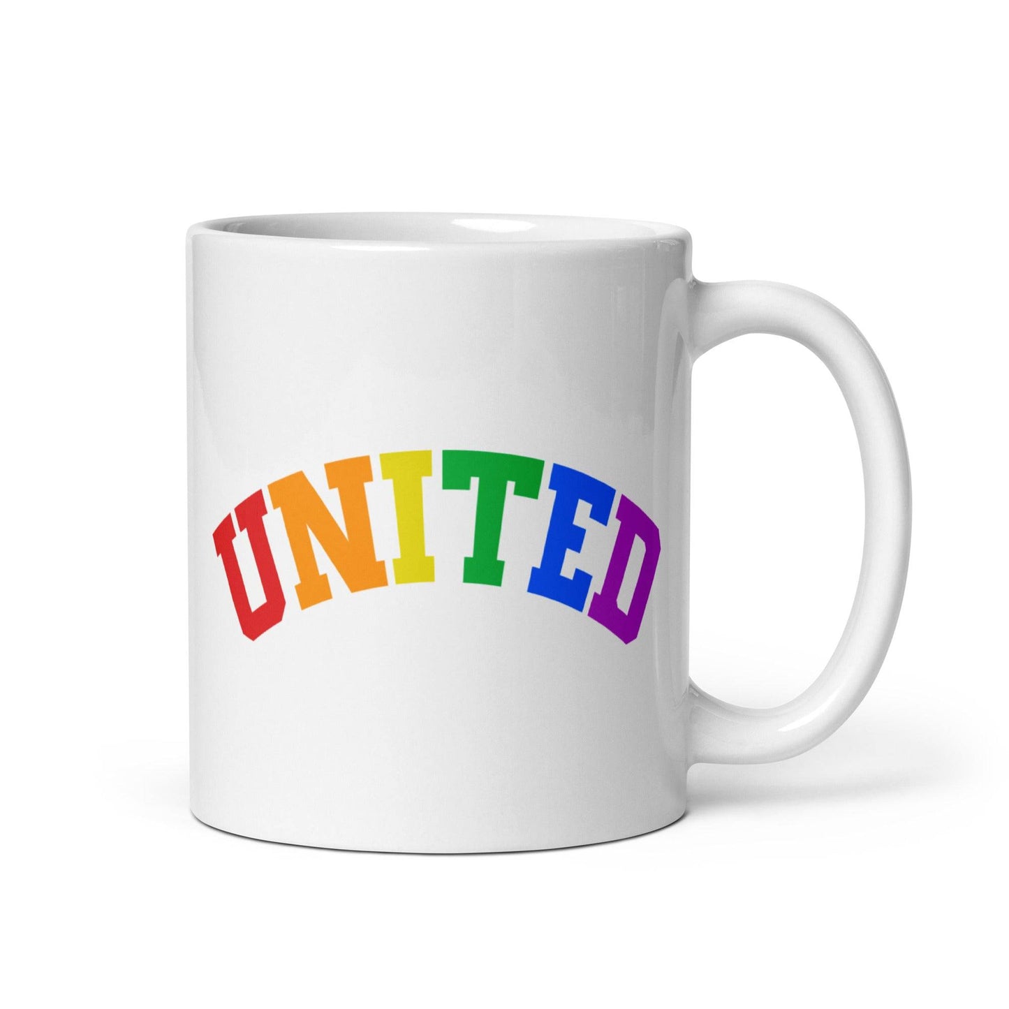 A mug from Pridelity's Pride Collection 2025, known as the United Mug, showcases the word "UNITED" in bold, rainbow-colored letters on a white background.