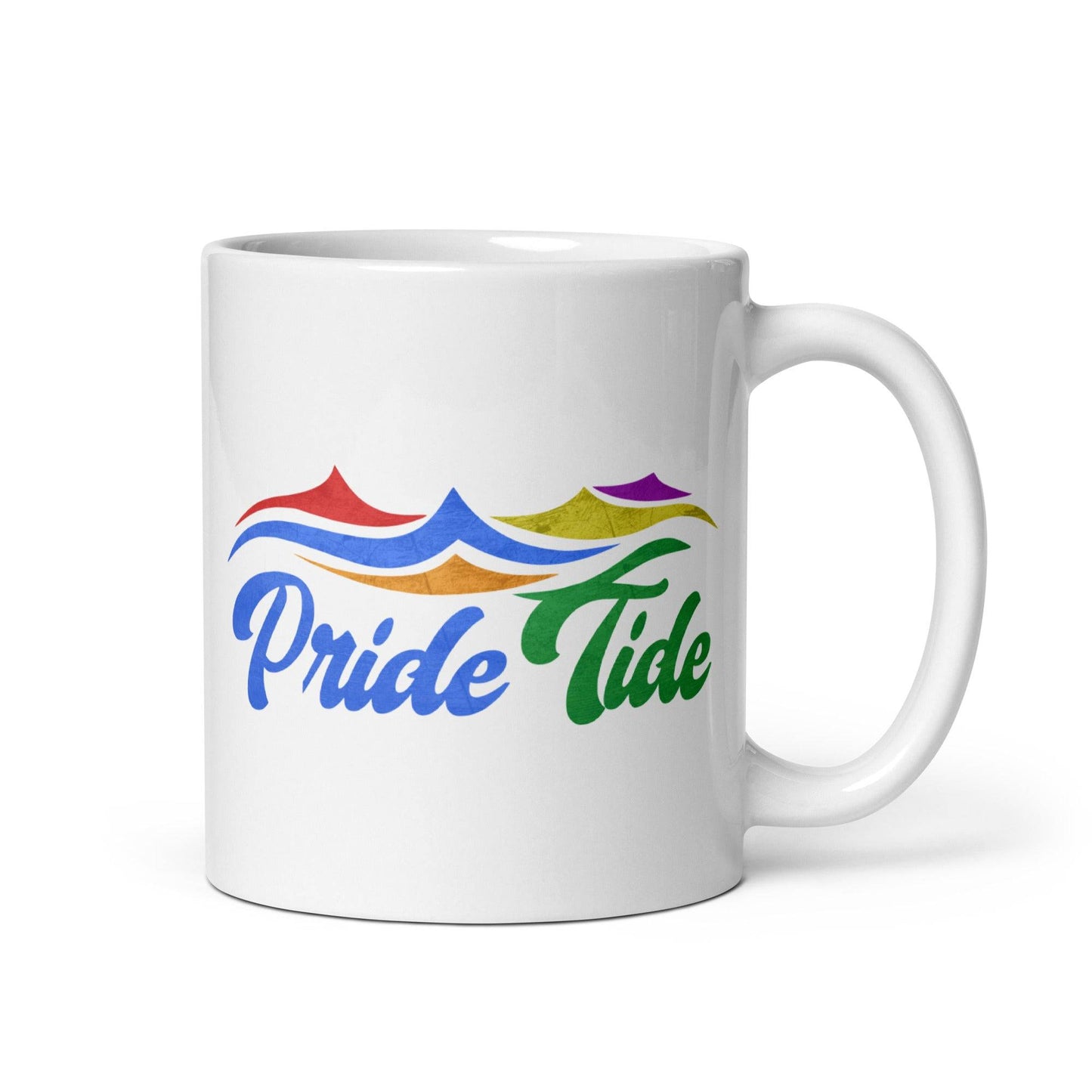 The Pride Tide Mug by Pridelity features a striking design with the text "Pride Tide" in a stunning blue-to-green gradient. Above, captivating abstract wave shapes in red, orange, blue, and green add an artistic touch. As part of the 2025 pride collection, this mug celebrates diversity in vibrant style.