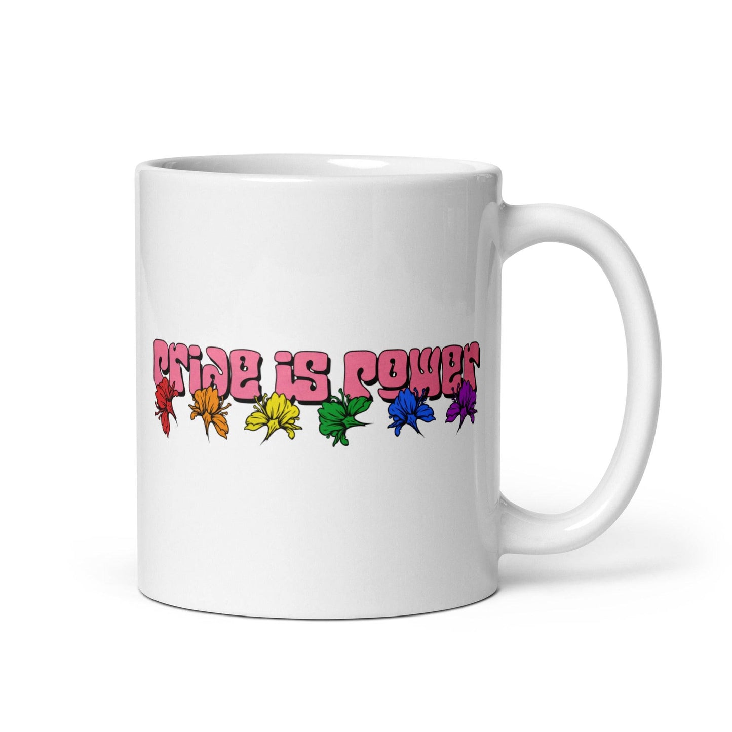 The Pride Is Power Mug from Pridelity's Pride Collections 2025 is a white mug adorned with the phrase "Pride Is Power" in bold pink letters, and features a vibrant row of rainbow-hued flowers beneath the text, symbolizing diversity and inclusivity.