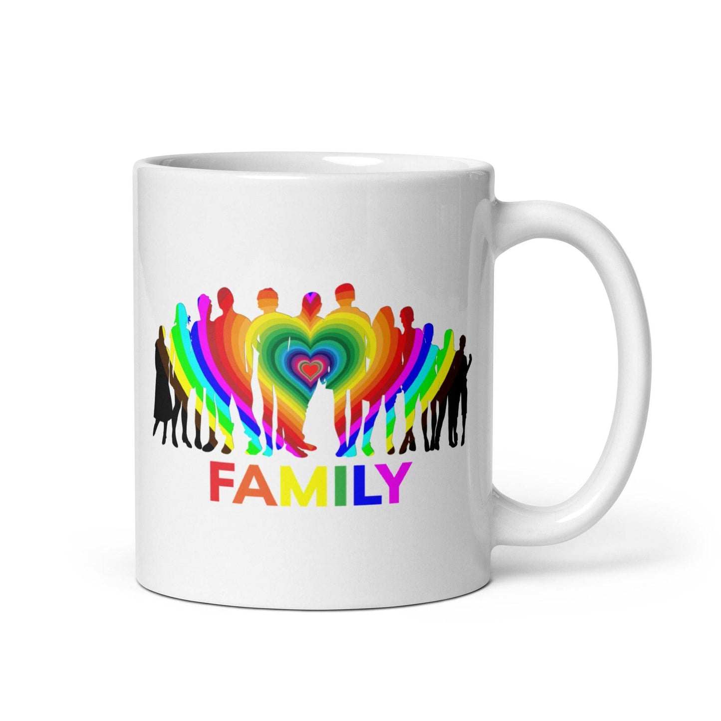Introducing the "Family Mug" from Pridelity's top Pride collections for 2025. This white mug beautifully displays silhouettes of people with rainbow-colored hearts encircling them, symbolizing unity. The vibrant rainbow letters spell out the word "FAMILY" beneath the design.