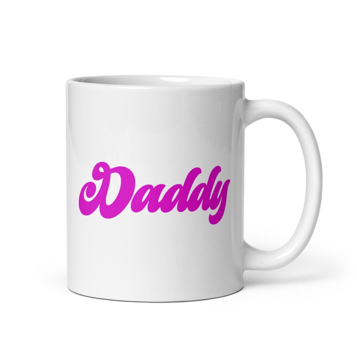 The Pridelity Daddy Mug is a white mug featuring the word "Daddy" in bold, pink script on one side, making it perfect for celebrating Pride.