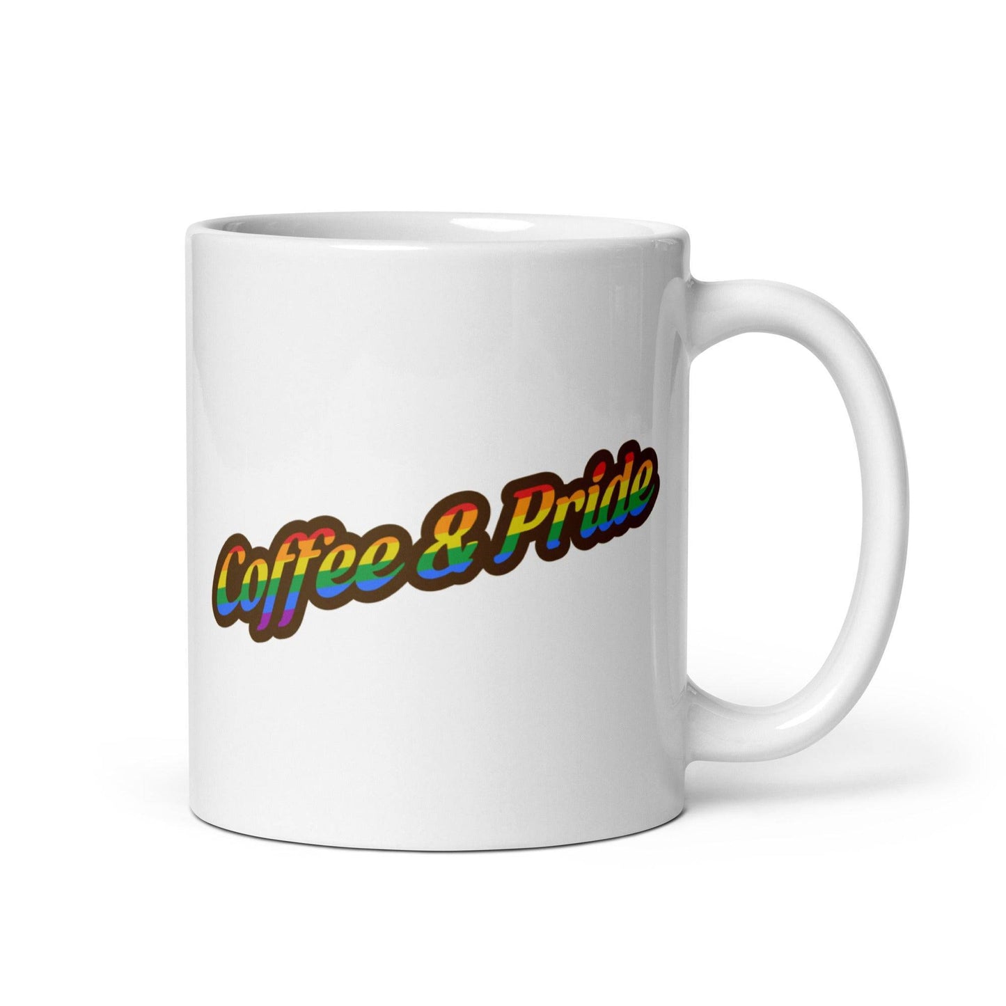 The Coffee & Pride Mug by Pridelity showcases the words "Coffee & Pride" in vibrant rainbow-gradient lettering diagonally across its white surface, maintaining a simple and elegant background.