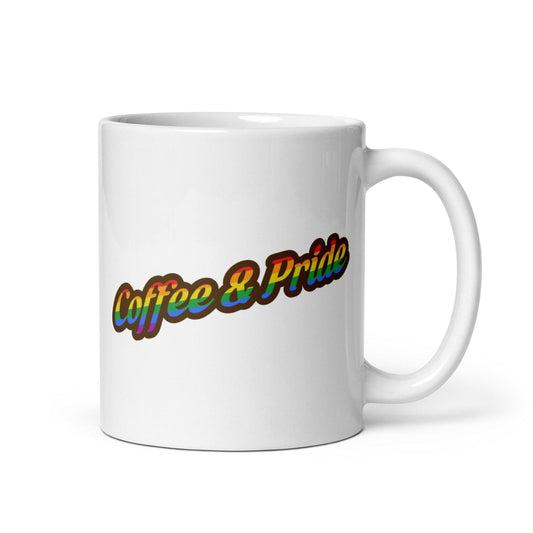 The Coffee & Pride Mug by Pridelity showcases the words "Coffee & Pride" in vibrant rainbow-gradient lettering diagonally across its white surface, maintaining a simple and elegant background.
