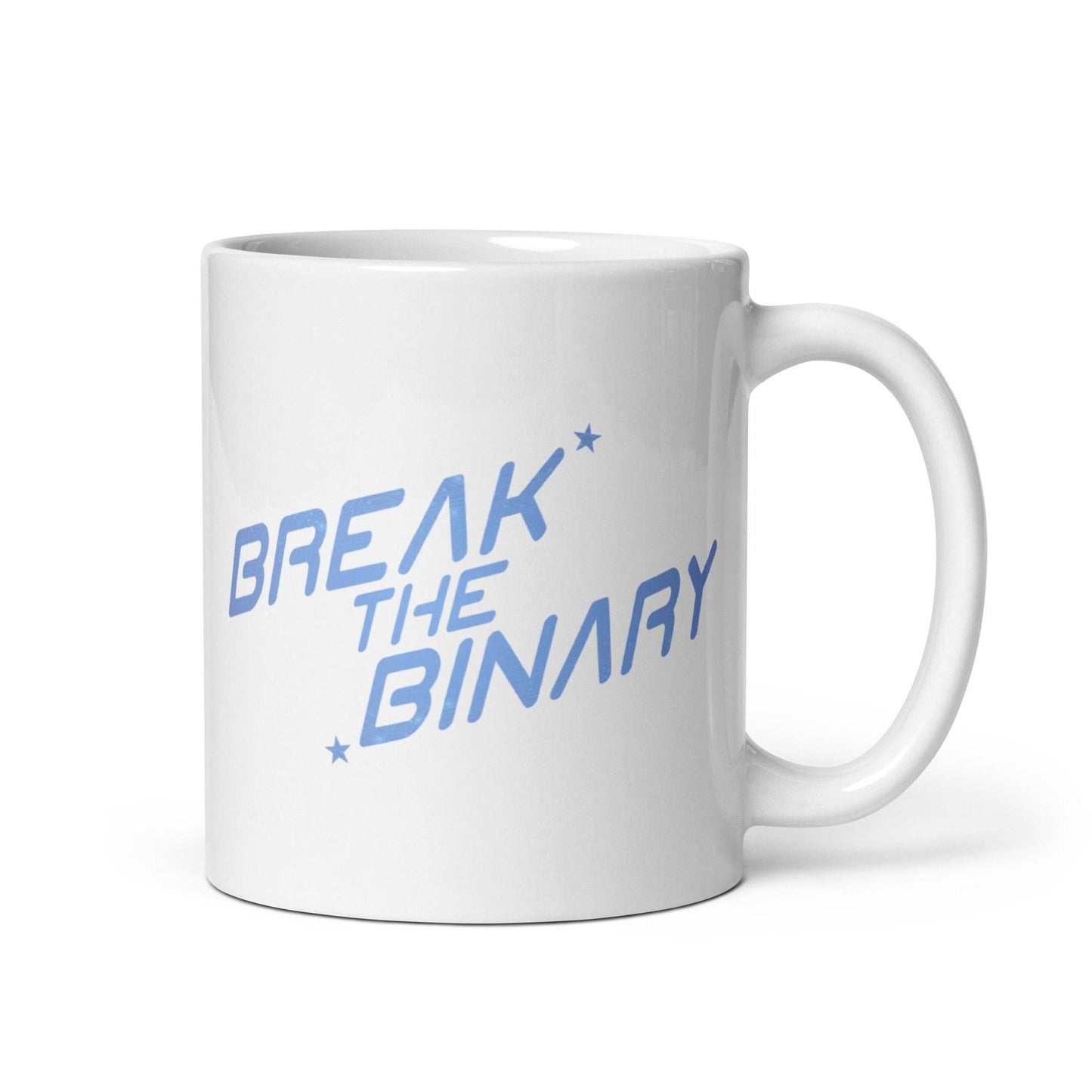 The Break The Binary Mug by Pridelity features light blue text with the words "Break the Binary" in a bold, stylized font and is part of our exclusive Pride Collections.