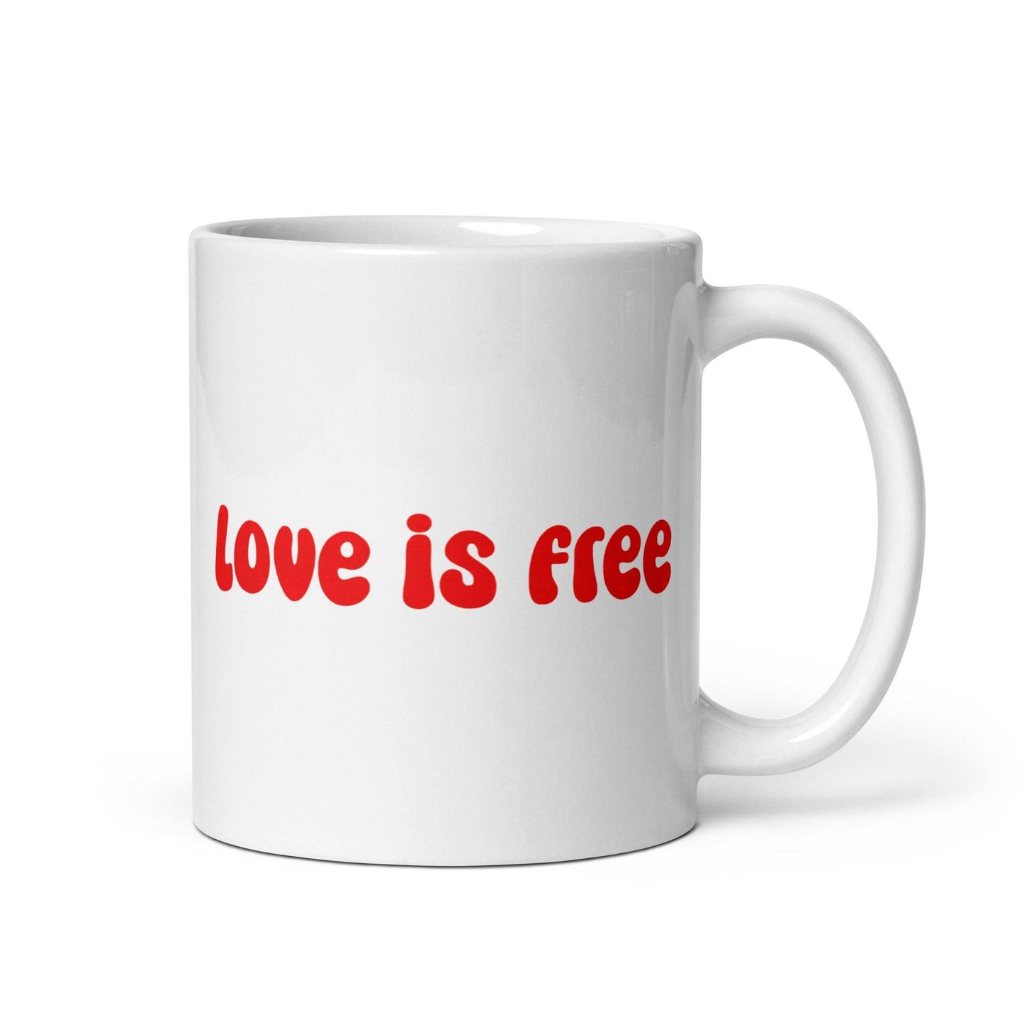 Introducing the "Love Is Free Mug" from Pridelity's Pride Collections 2025, this white mug showcases a simple design featuring the phrase "love is free" in bold red letters. Celebrating love in all its forms, it comes with a sturdy handle for everyday use.