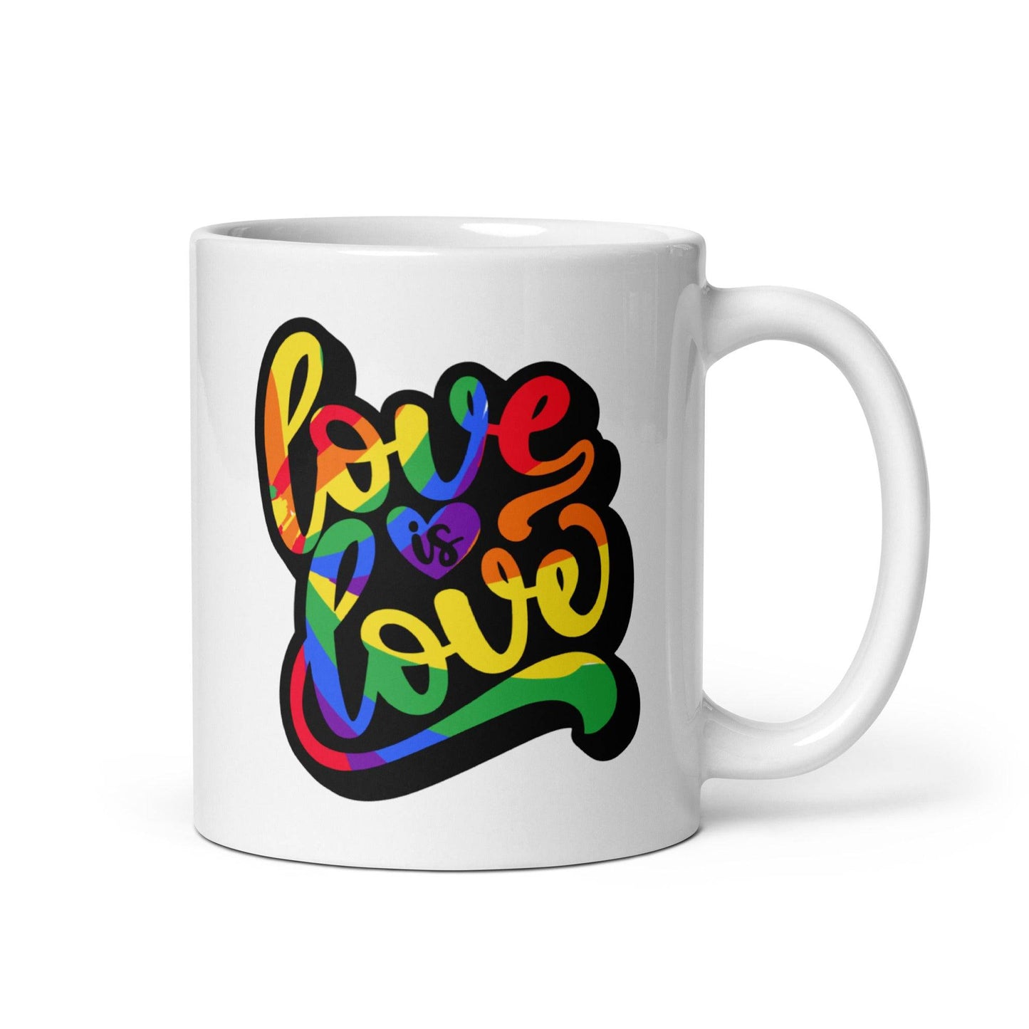 The "Love Is Love Mug" by Pridelity showcases the message "Love is Love" in vibrant, rainbow-themed letters. Celebrating LGBTQ+ pride, this white mug is a part of the Pride Collections 2025 and embodies inclusivity and equality.