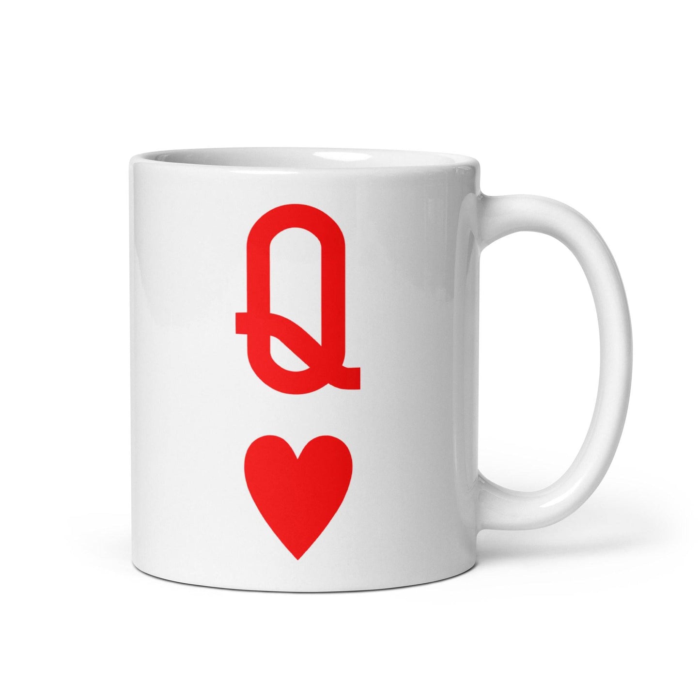 The Queen Of Hearts Mug by Pridelity showcases a white mug with a red "Q" above a red heart symbol, and it is part of the Pride Collections 2025.