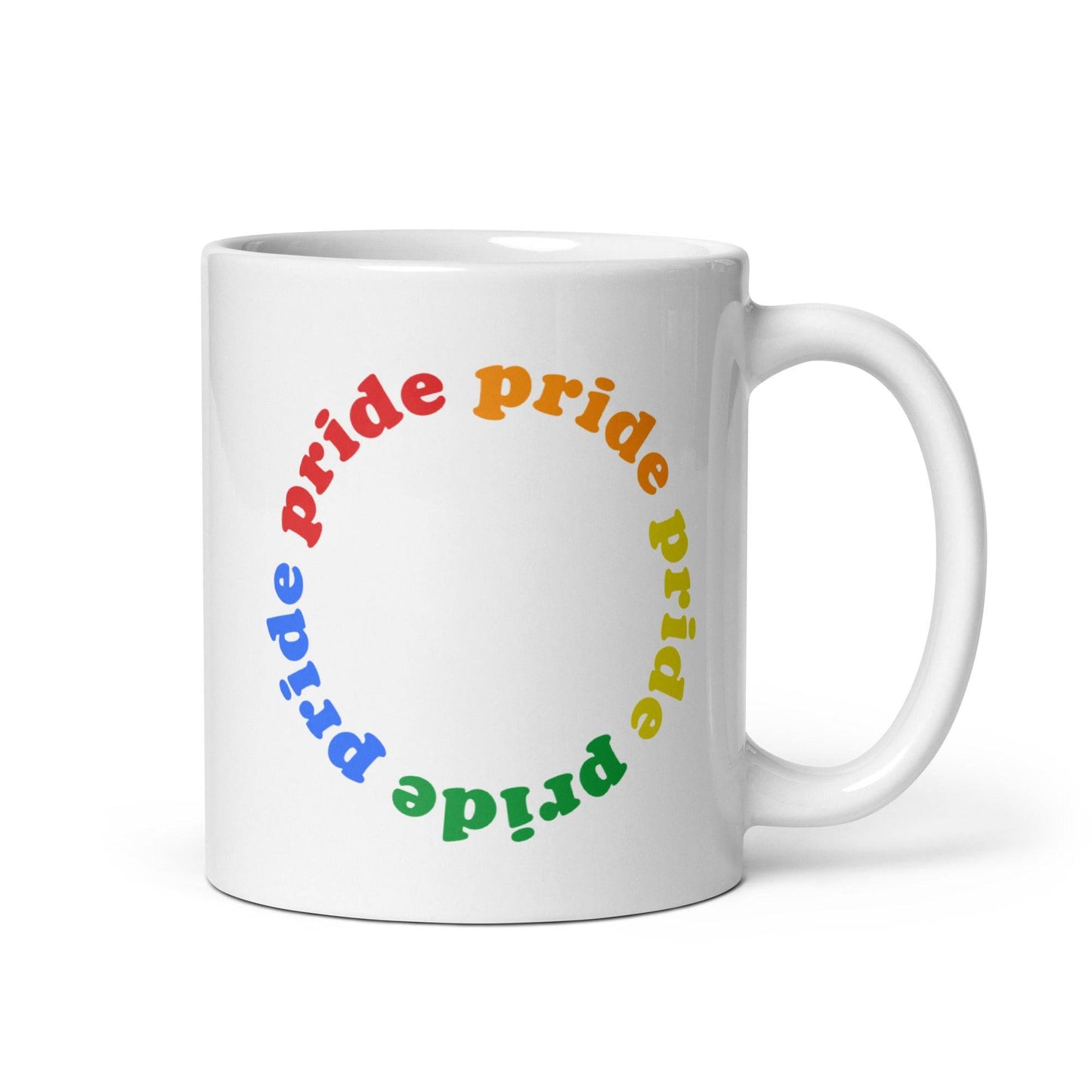 Pride Circle Mug by Pridelity from the Pride Collections 2025, showcasing the word "pride" in a lively and colorful circular design. This pattern includes shades of red, orange, yellow, green, and blue to symbolize diversity and inclusivity.