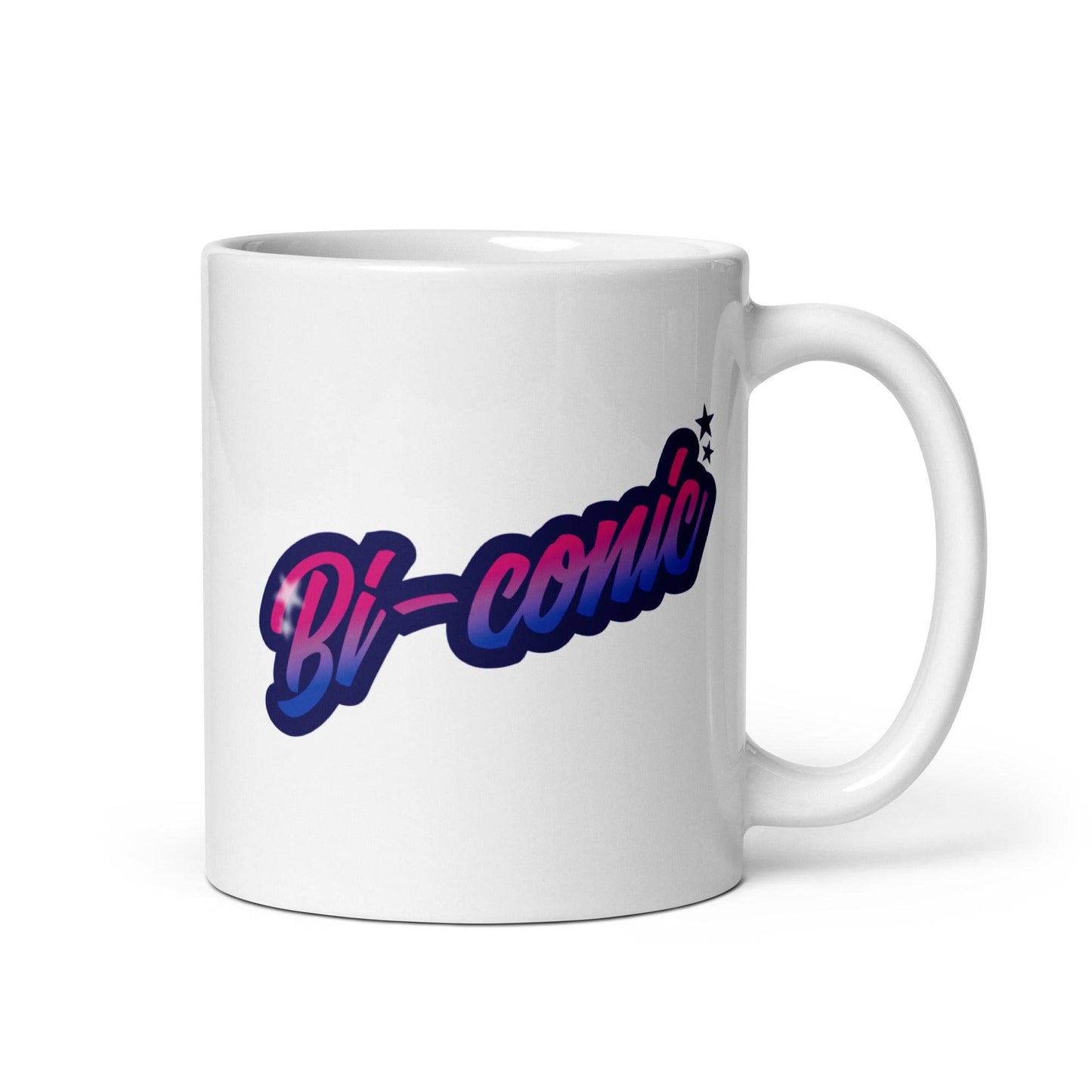 The Bi-Conic Mug from Pridelity's Pride Merch collection showcases the word "Bi-conic" in bold, stylized lettering with a pink-to-blue gradient. Two small star accents add a delightful touch near the text, embracing identity and inclusivity.