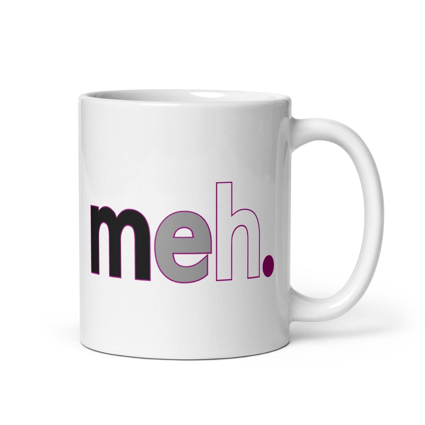 A white mug by Pridelity from the Pride Collections 2025, featuring "meh." in bold black and purple text on the side.