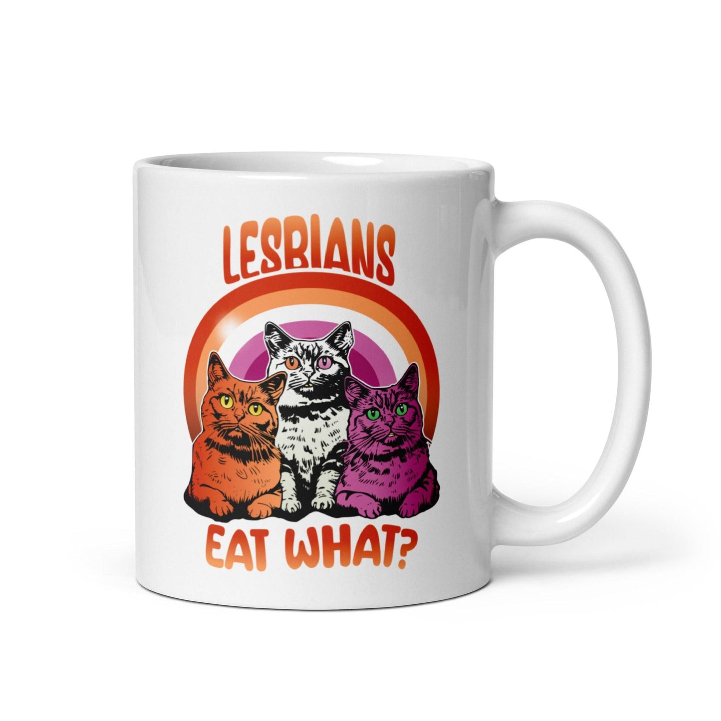 As part of Pridelity's finest Pride Collections 2025, the Lesbians Eat What Mug features a vibrant design with three colorful cats. The playful artwork is complemented by bold, retro-style orange text reading "LESBIANS" at the top and "EAT WHAT?" at the bottom, adding an extra layer of charm.
