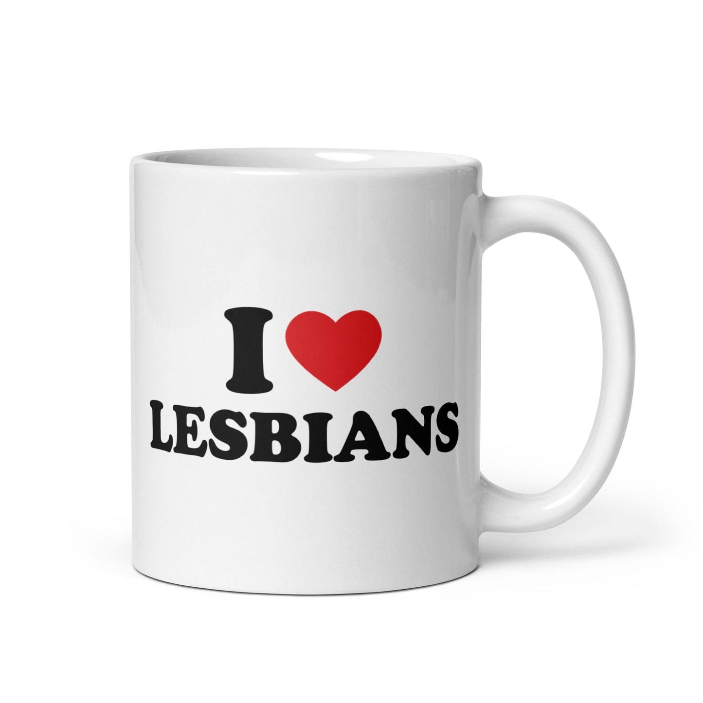 White mug featuring the bold text "I ♥ LESBIANS" in striking black letters, a standout piece from Pridelity's best pride collections of 2025.