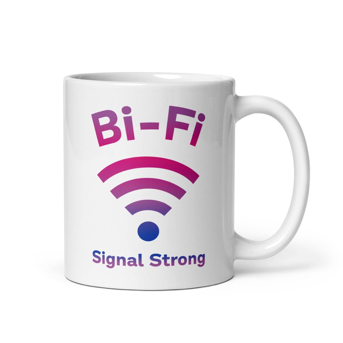 The Bi-Fi Mug by Pridelity showcases the text "Bi-Fi" in bold on a white surface, accompanied by a purple and pink Wi-Fi symbol with "Signal Strong" written beneath it. As part of our Pride Merch, this design creatively merges "bi" and "Wi-Fi" elements, offering a fun addition to your Pride Collections.