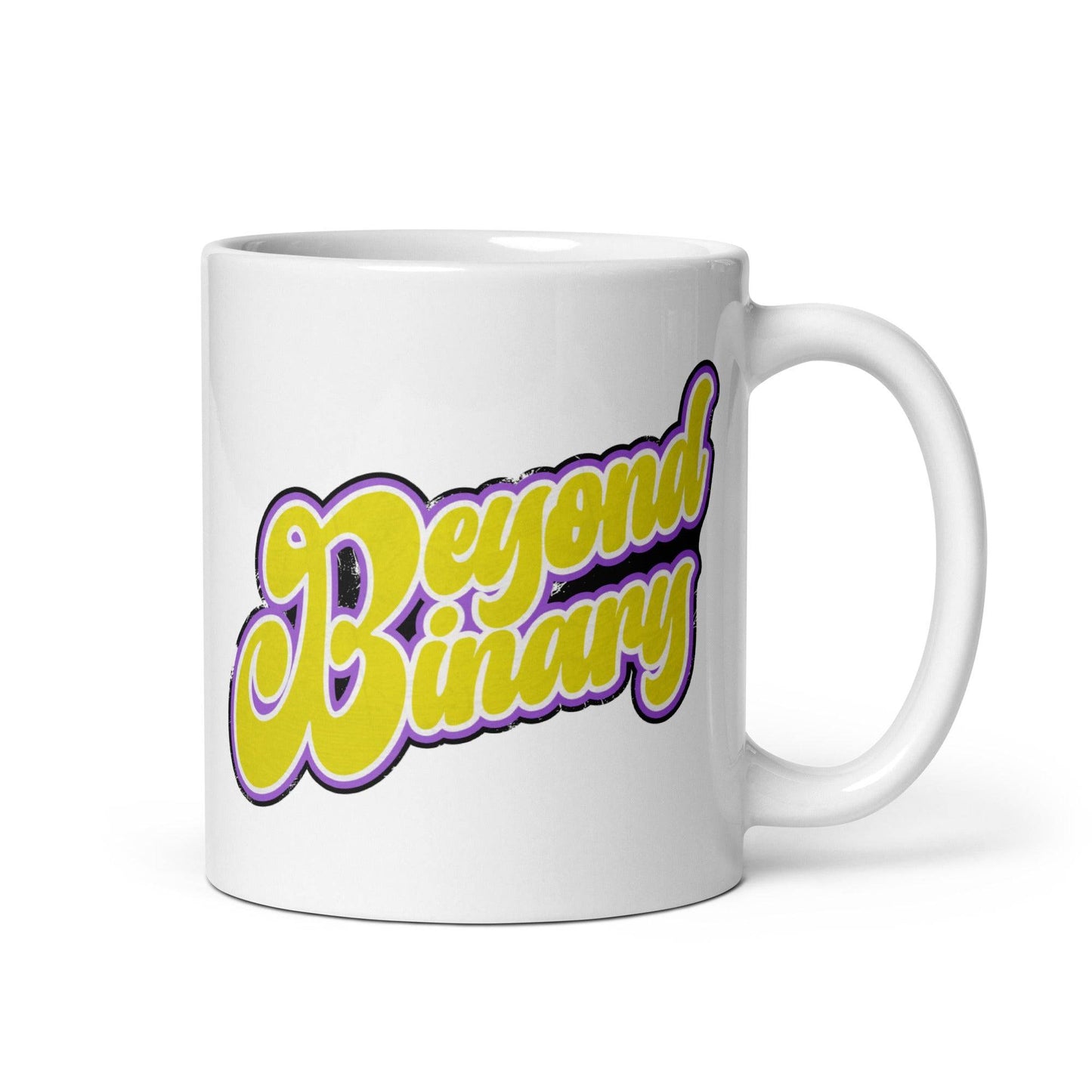 Introducing the Beyond Binary Mug from Pridelity, featuring bold, retro-style lettering with the phrase "Beyond Binary." This exclusive piece from our Pride Collections showcases non-binary gender identity themes with its striking yellow text outlined in purple.