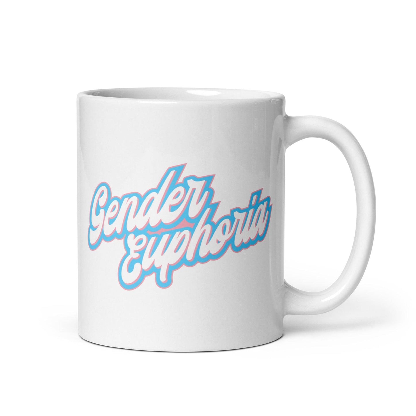 A product from Pridelity's best Pride collections for 2025, the Gender Euphoria Mug features a white coffee mug with the phrase "Gender Euphoria" elegantly scripted in blue and pink against a plain white backdrop.