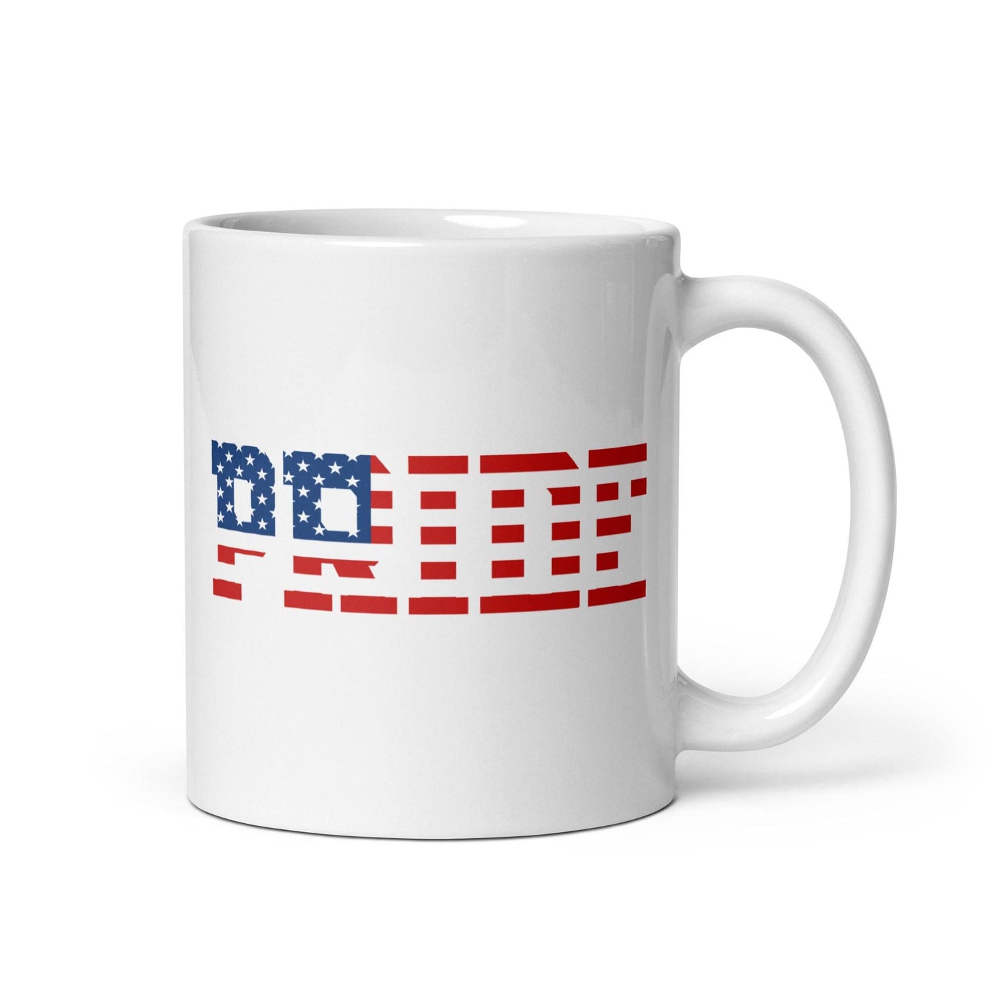 The American Pride Mug from Pridelity's Pride Collection showcases the word "PRIDE" in bold with an American flag design, elegantly incorporating blue and red stars and stripes.