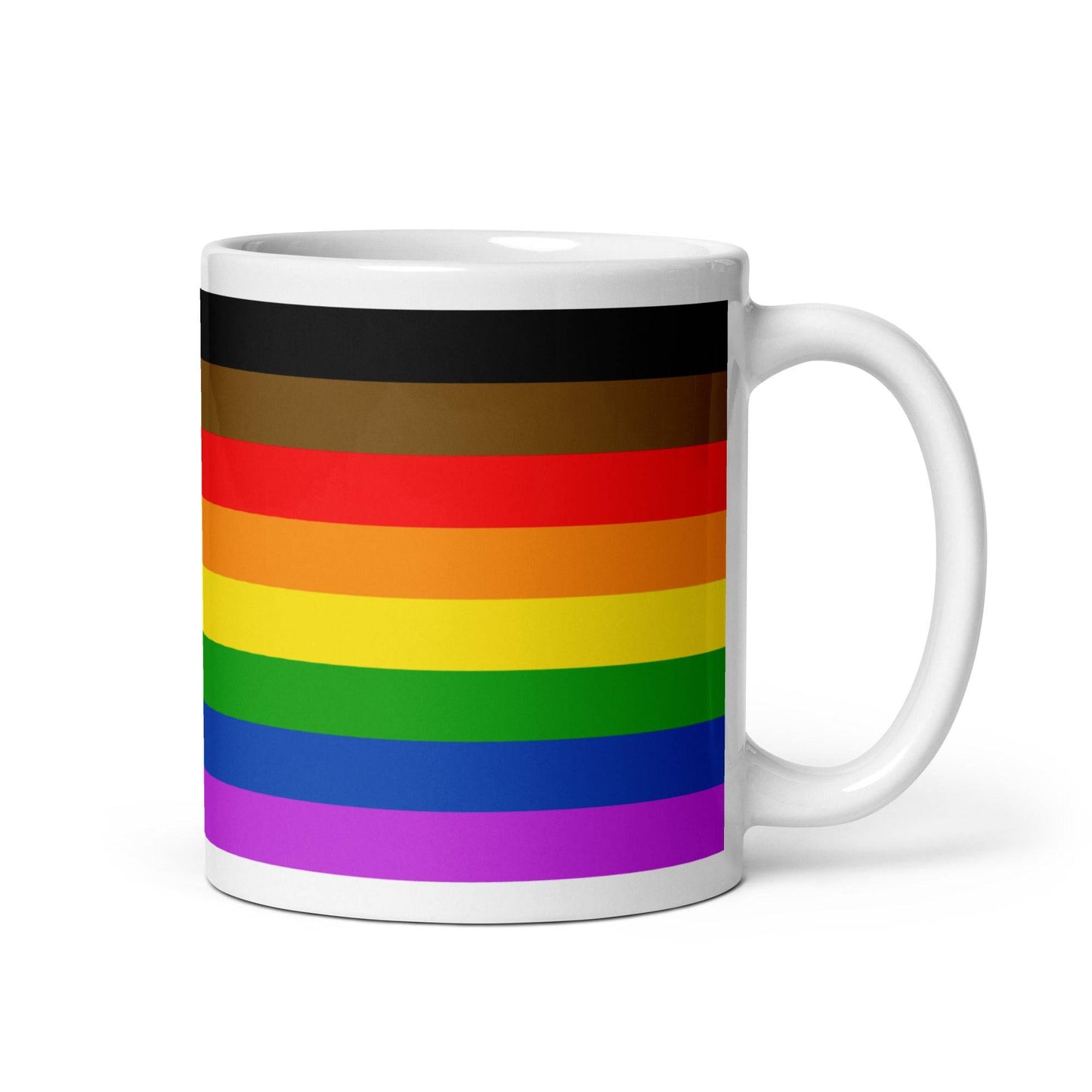 Philadelphia Pride Mug featuring vibrant rainbow stripes with black and brown accents, symbolizing inclusivity. Perfect for coffee or tea lovers.