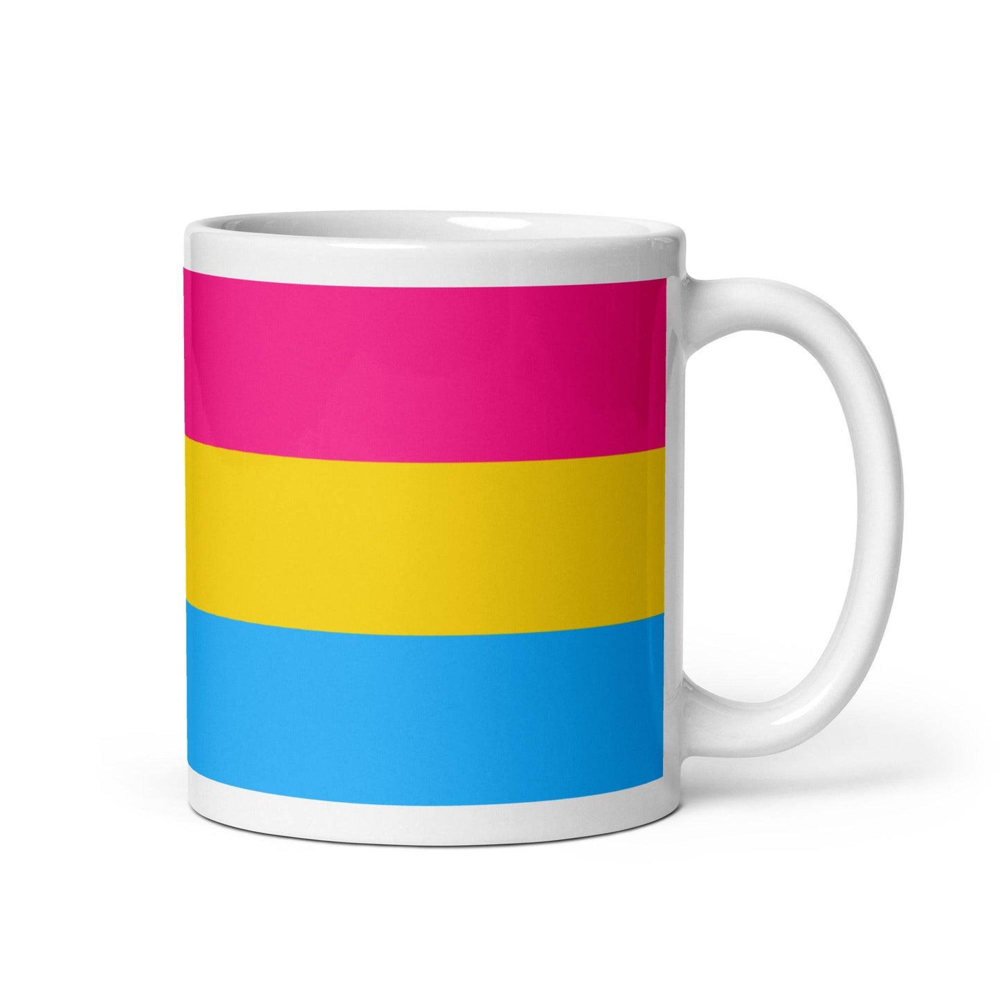 Pan Pride Mug featuring vibrant horizontal stripes in pink, yellow, and blue. Perfect for celebrating pride in your daily coffee routine.