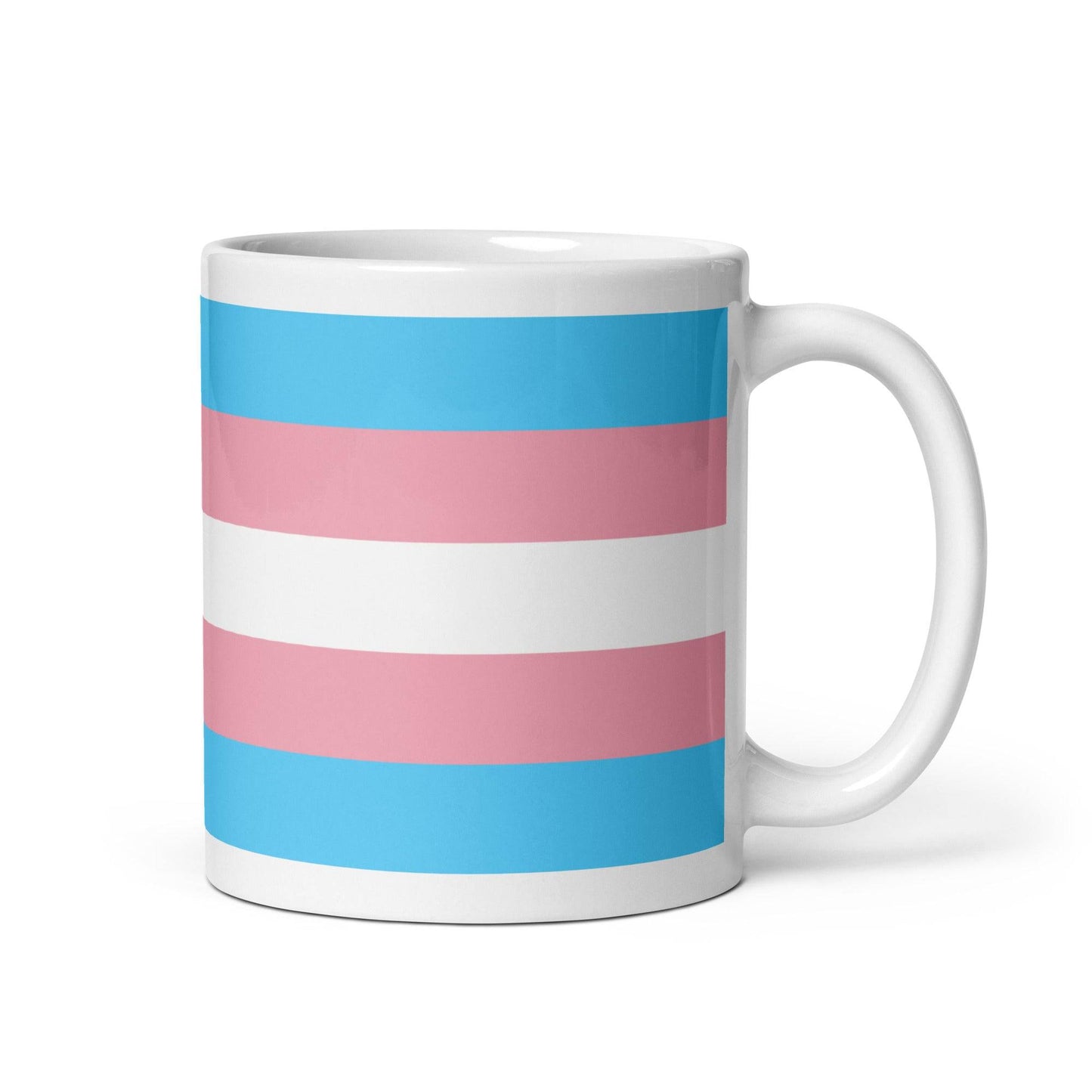 Transgender Pride Mug featuring horizontal pastel blue, pink, and white stripes. Durable ceramic design for kitchen and dining use.