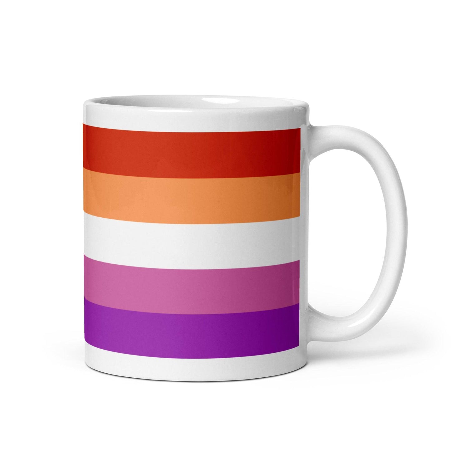 Lesbian Pride Mug featuring vibrant horizontal stripes in red, orange, white, pink, and purple. Perfect for celebrating pride in style.
