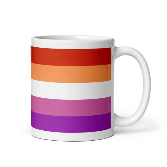 Lesbian Pride Mug featuring vibrant horizontal stripes in red, orange, white, pink, and purple. Perfect for celebrating pride in style.