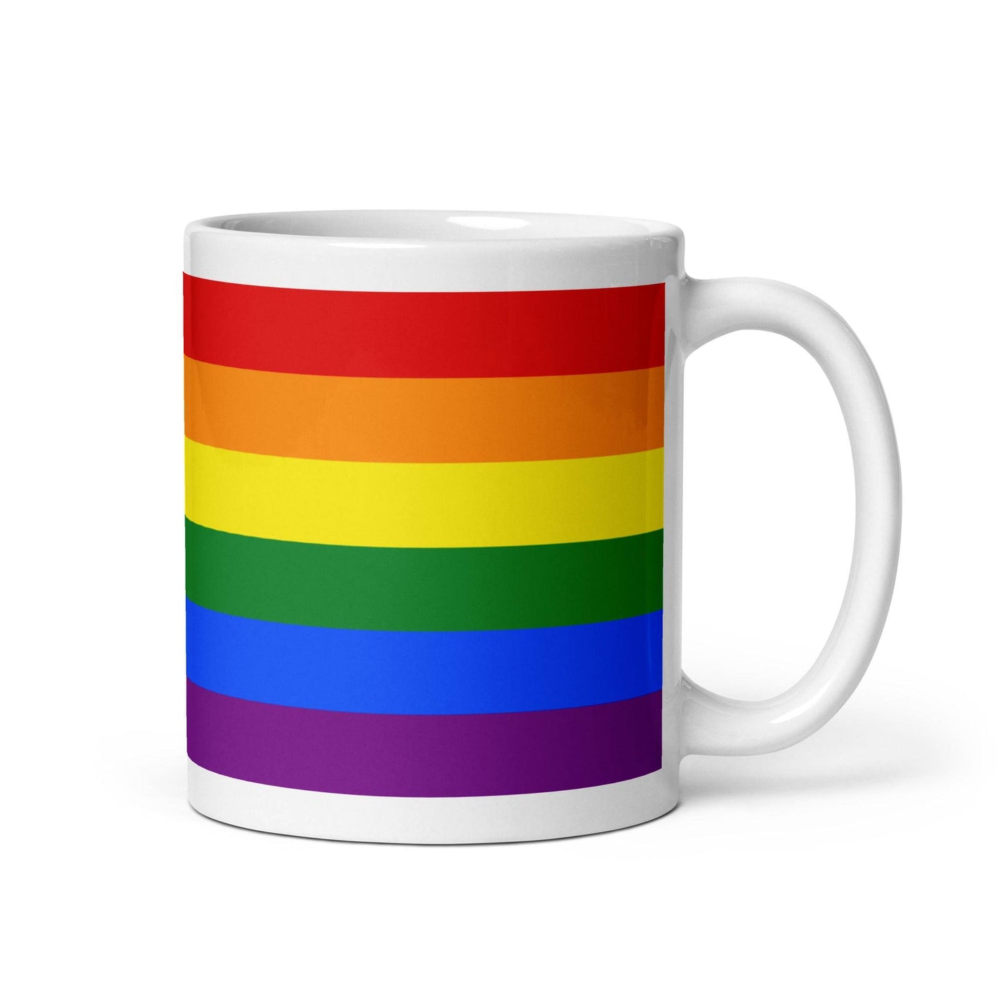 Traditional Pride Mug featuring vibrant rainbow stripes, perfect for celebrating pride while enjoying your favorite beverage.