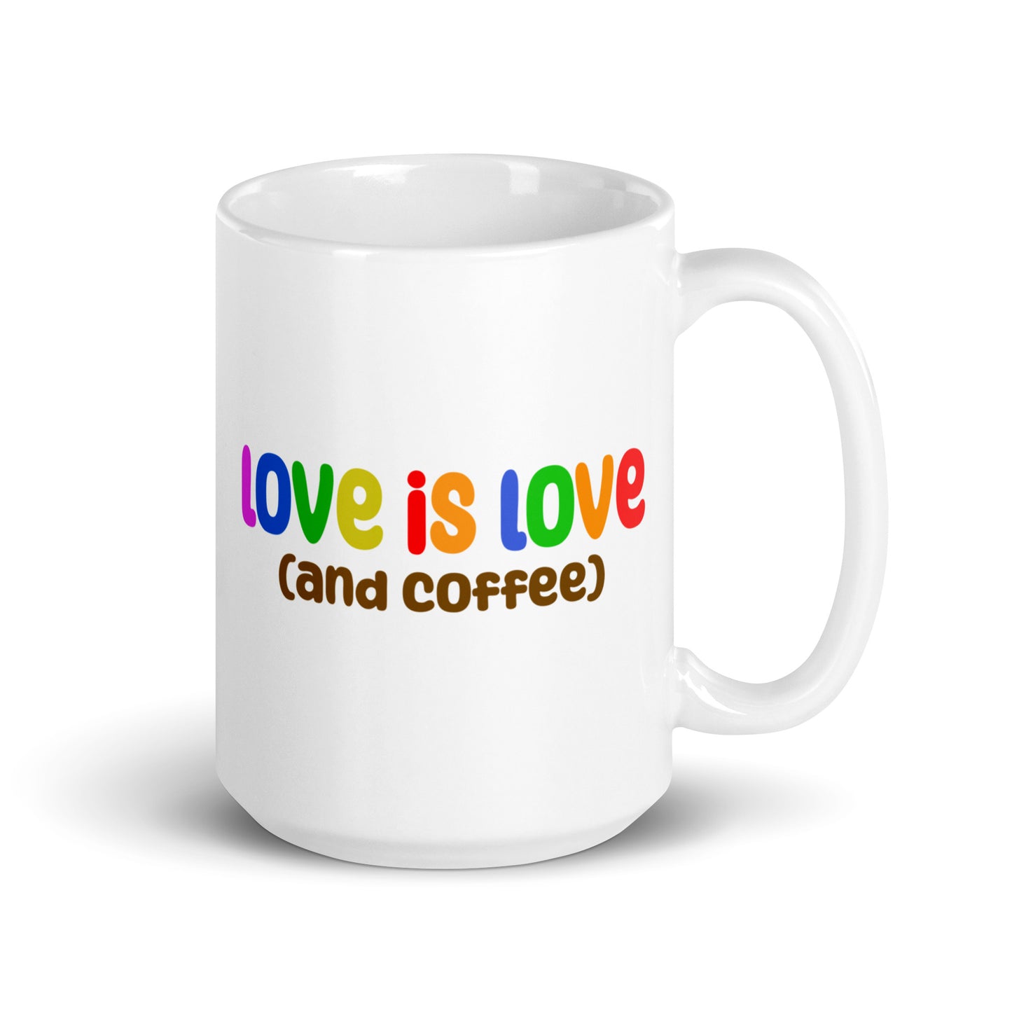 A Pridelity mug from the Pride Collections 2025, called "Love Is Love (and coffee)," showcases the phrase in colorful, bold letters.