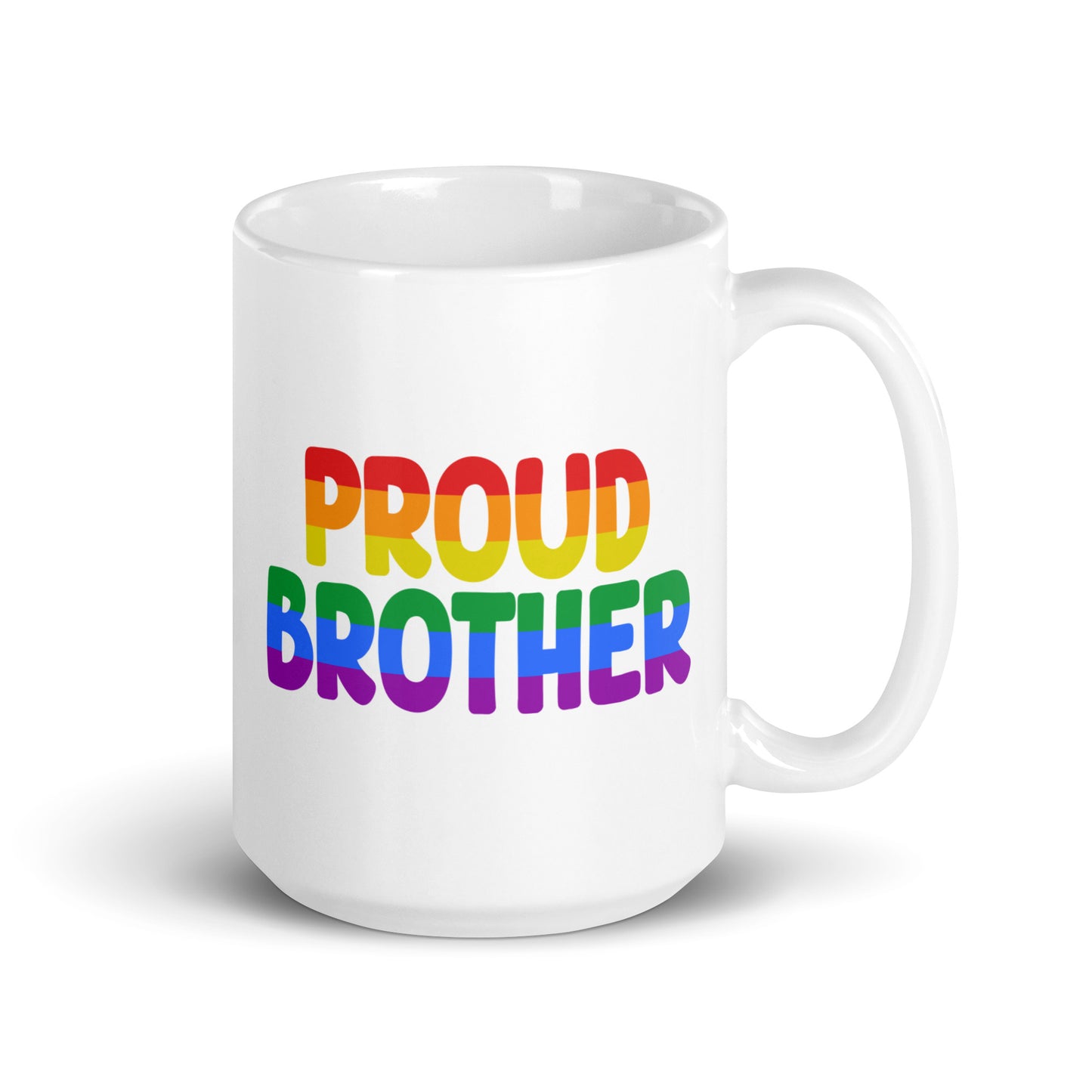 A Proud Brother Mug by Pridelity from the Pride Collections 2025 showcases the words "Proud Brother" in bold, rainbow-colored letters on a white mug.