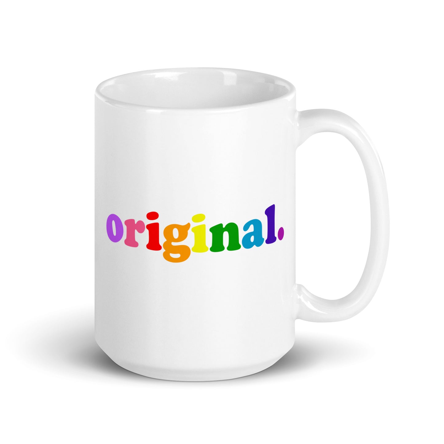 A white mug from Pridelity's Original Mug collection in the Pride Collections 2025 showcases the word "original" elegantly styled in lowercase letters, with each letter appearing in a distinct rainbow hue—purple, blue, light blue, green, yellow, orange, and red—representing unity and diversity with vivid charm.