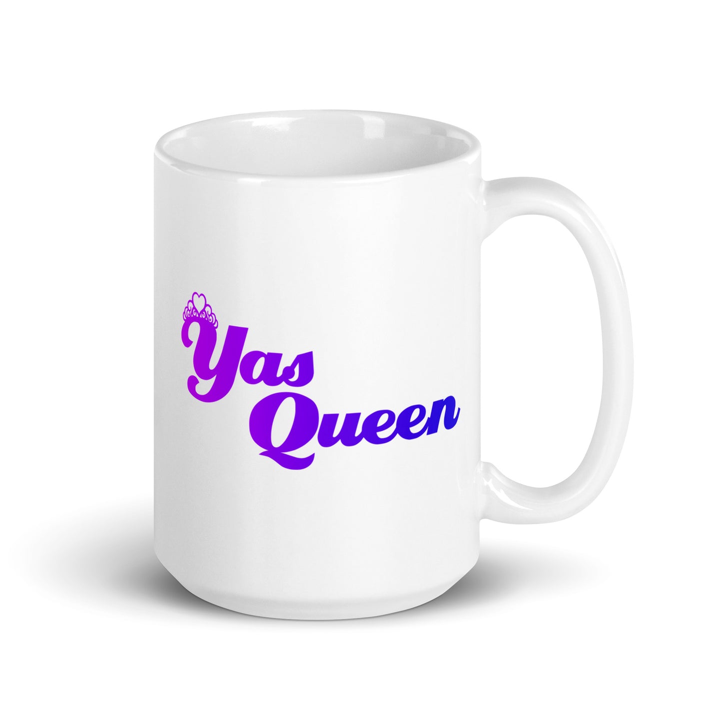 A white "Yas Queen" mug with bold, colorful letters from the Pridelity Pride Collection 2025.