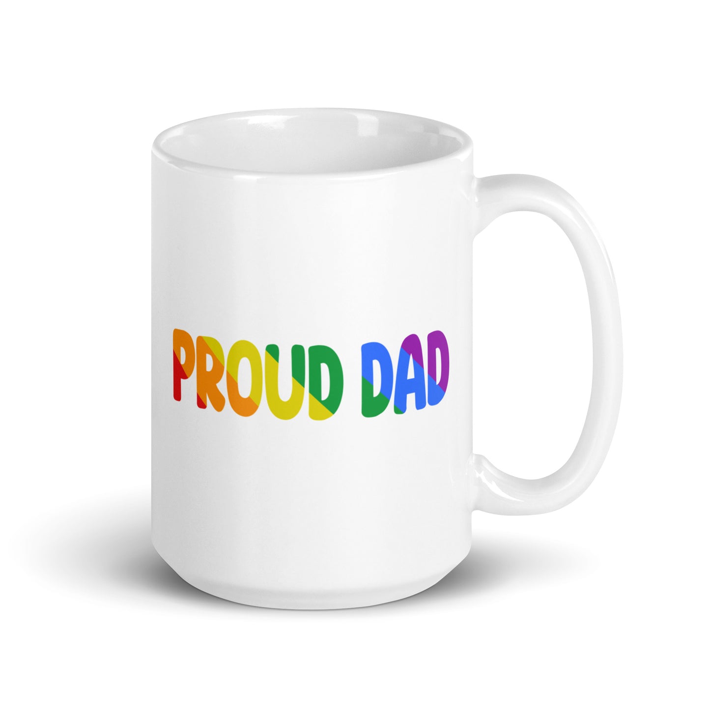 The Proud Dad Mug by Pridelity showcases the words "PROUD DAD" printed in bold, rainbow-colored letters, featured as part of the exclusive Pride Collections 2025, set against a plain white backdrop.