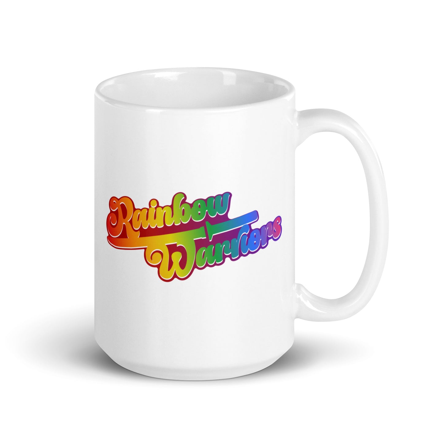 This Pridelity "Rainbow Warriors" Mug features colorful, retro-style lettering on a white background, making it a perfect addition to pride collections 2025.
