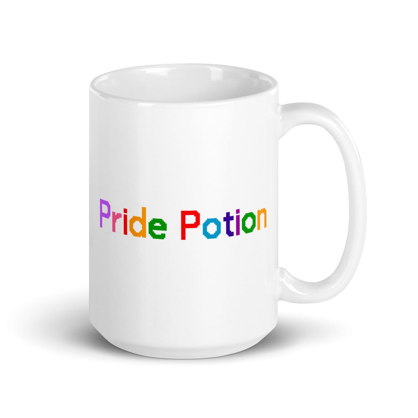 White mug with "Pride Potion" in rainbow-colored letters, a vibrant addition to Pridelity's pride collection for 2025.