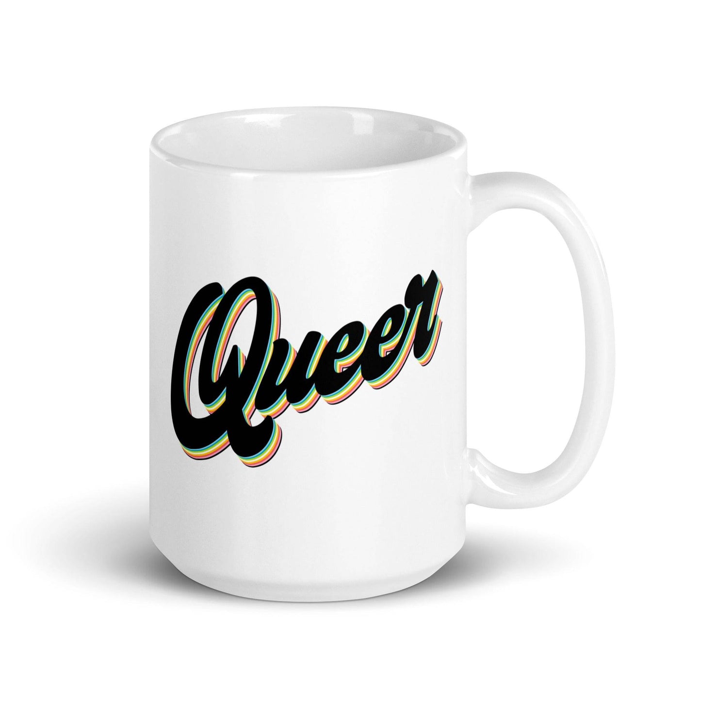 Pridelity's Queer Mug showcases the word "Queer" in bold, black cursive letters with a vibrant outline set against a plain white ceramic surface, and is part of our Pride Collections 2025.