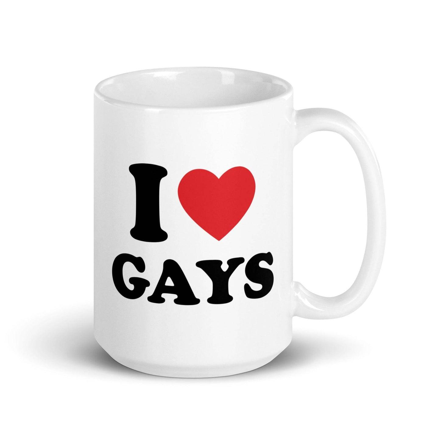 A white "I Love Gays Mug" from Pridelity's top pride collections 2025, showcasing the text "I ♥ GAYS" with the word "love" symbolized by a vibrant red heart.