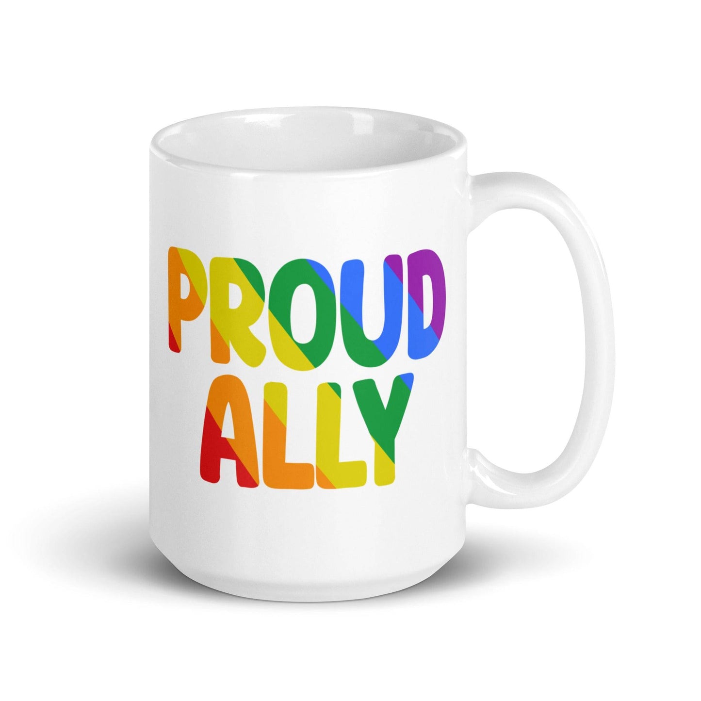 A white mug from Pridelity's Pride Collections 2025, titled "Proud Ally Mug," showcases the words "Proud Ally" in bold, rainbow-colored letters.