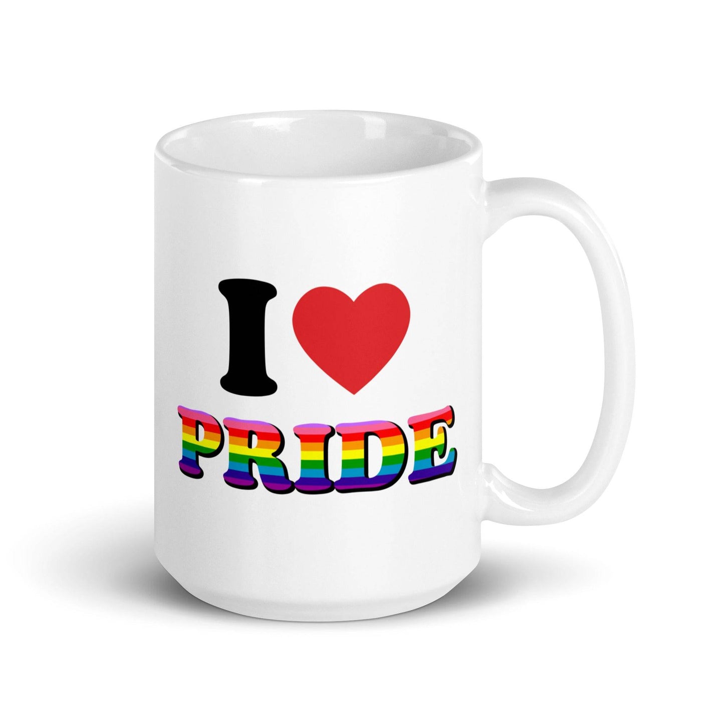 The "I Love Pride Mug" from Pridelity is a white mug featuring the words "I ♥ PRIDE," with "PRIDE" in bold, rainbow hues, representing LGBTQ+ pride. It is a highlight of the best pride collections for 2025, honoring love and diversity.