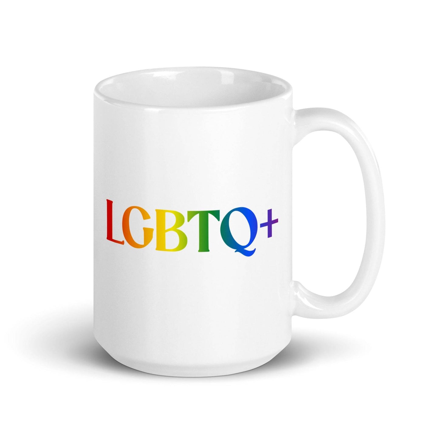 The LGBTQ+ Mug from Pridelity's 2025 Pride Collection features the letters "LGBTQ+" in vibrant rainbow colors, symbolizing diversity and inclusion. The bold typography contrasts against the simple white background, celebrating pride and equality for all.