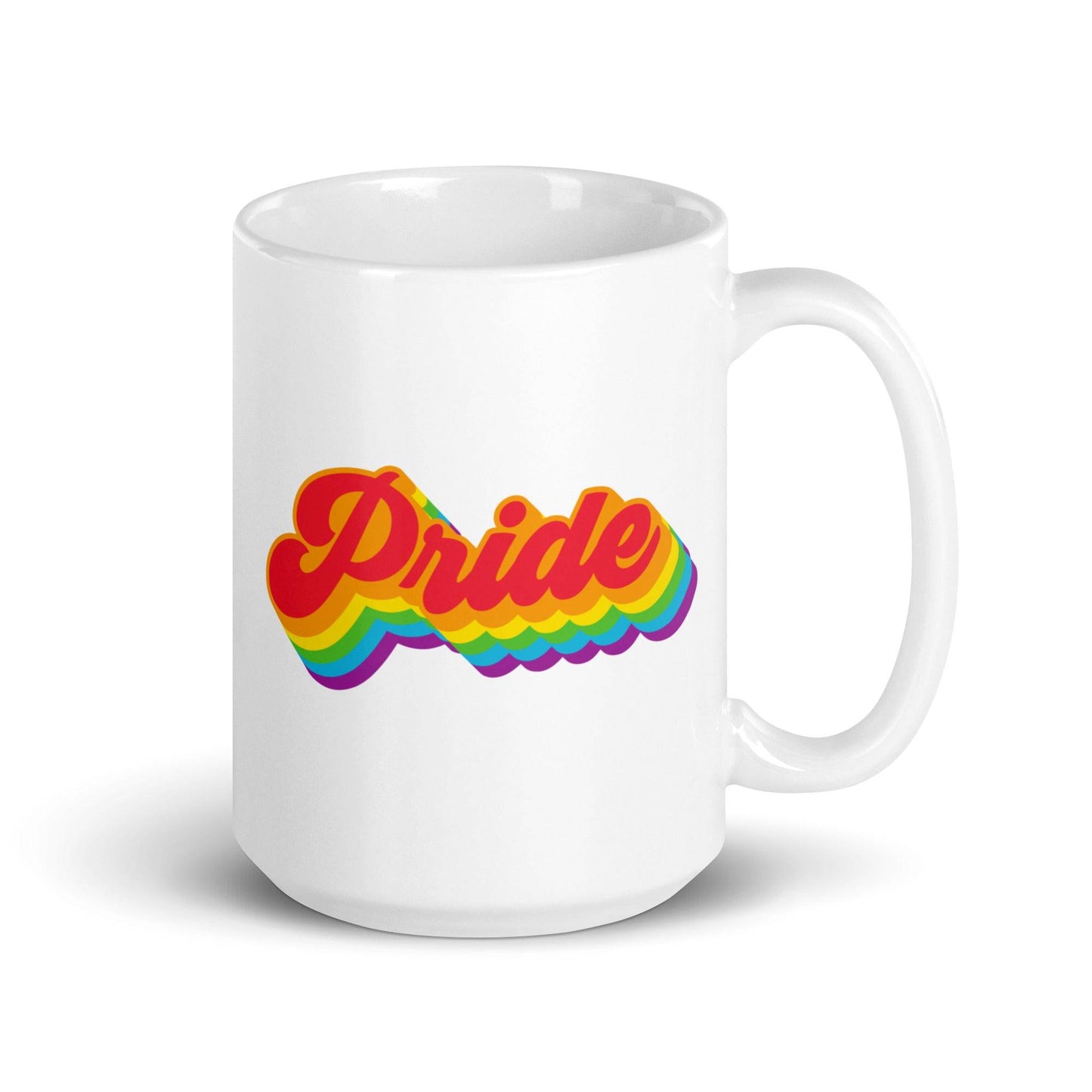 From Pridelity's Pride Collections 2025 series, the Pride Mug is a white mug decorated with the word "Pride" in bold, colorful rainbow letters and a striking 3D effect.