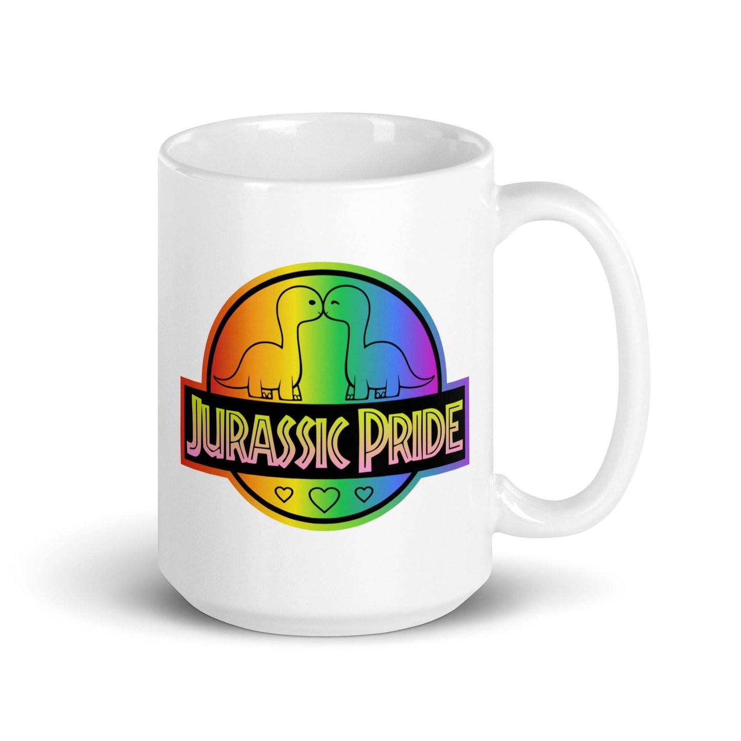 Pridelity's Jurassic Pride Mug features a bright, rainbow-colored circular logo with two dinosaurs facing each other above the words "Jurassic Pride." It's celebrated as one of the top pride collections for 2025, and three small hearts beneath add a lovely touch of unity and love.